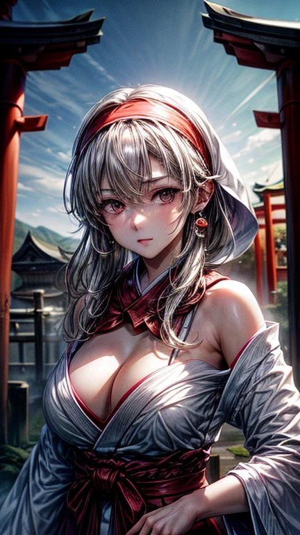 Masterpiece, ultra quality, absurdres, cinematic lighting, Japanese shrine, shrine maiden, Kemono, bare shoulders, cleavage, medium breasts, brown eyes, expressive eyes, focused, white hair, hair brushed sideways, medium hair, hair bandana, earrings, front view, facing viewer, upper body 