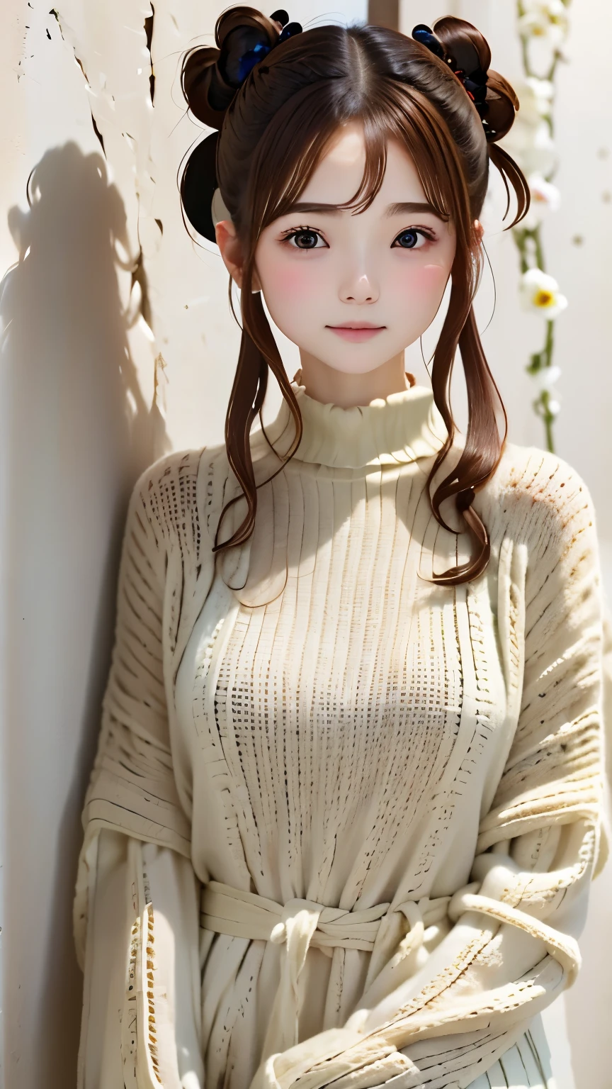 A wall with pictures of flowers on a white wall、A wall with artistically painted pink flowers、professional writing、professional photographer、(((brown hair,gray eyes,,,beautiful rocket:1.2,)))(beautiful and detailed knitted sweater,,))(blush), (geometric:1.1), ((1 girl,wonderful,adorable girl,alone,bust shot,))(muste piece,highest quality, Beautiful and aesthetic:1.2),(16 km race,hard disk,time),((small breasts,small breasts)),(Physically based rendering),sharp focus, (((high detail skin,))),intricately detailed clothing，delicate pupils,((((lusterの髪|fine hair|half bun|long hair)))),(masterpiece side light),(luster),(beautiful hair,very beautiful background_be familiar with_eye_and_face)),movie girl,(dynamic posture: 1.2),wonderful、A wall with pictures of flowers on a white wall、A wall with artistically painted pink flowers、professional writing、professional photographer、