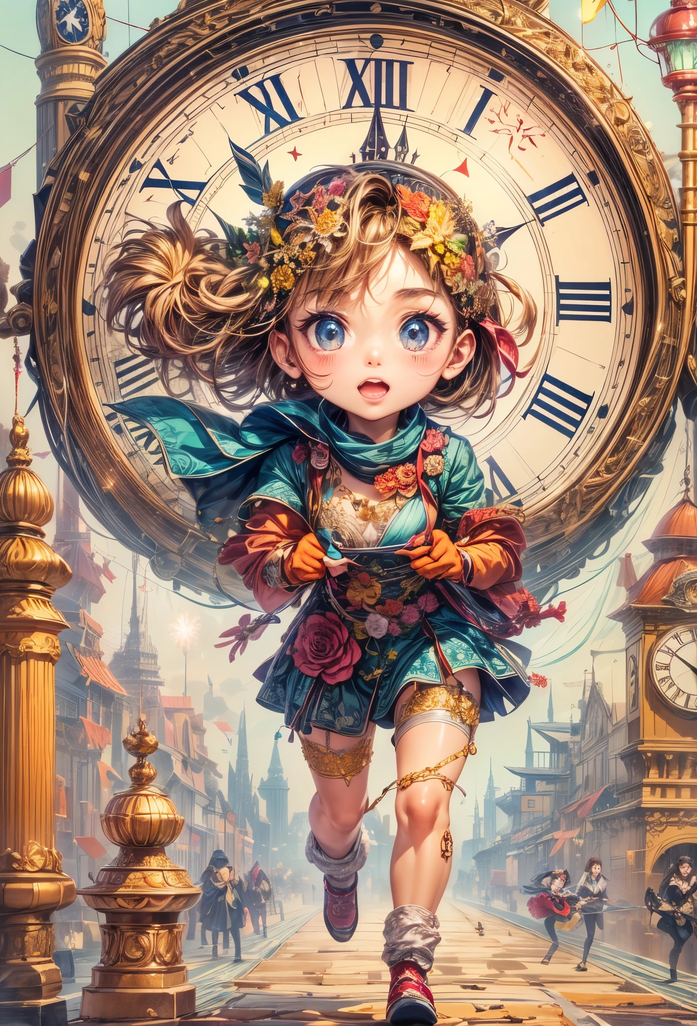 New Year 2024，New Year，Clock hands midnight，flat illustration，flat illustration，(A girl stands on top of a super big clock and runs forward，eyes looking at viewer:1.5)，(anatomically correct, Exquisite face makeup , pretty face, Perfect face proportions，golden ratio body),（Advanced facial details:1.1), full of imagination，warm scene，festive，(fireworks:1.3)，(lanterns)，celebrate New Year，Vector illustration
