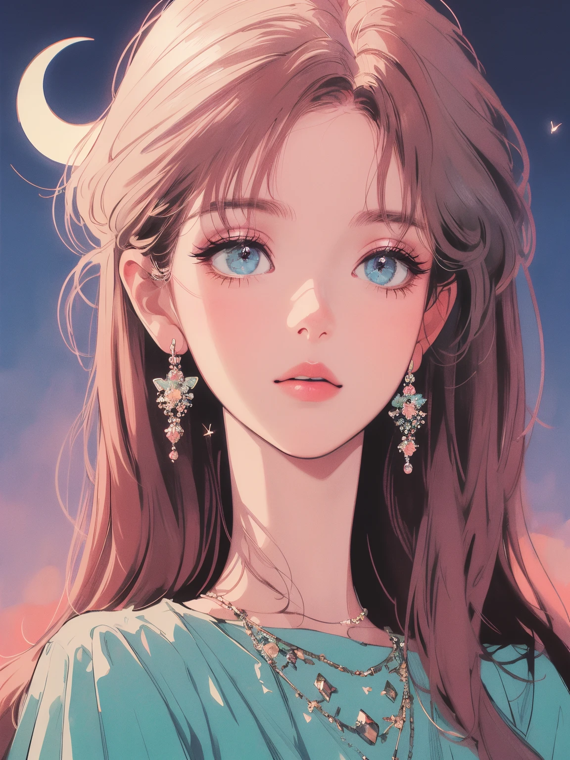 (best quality,4k,8k,highres,masterpiece:1.2),ultra-detailed,(realistic,photorealistic,photo-realistic:1.37),portrait,painting,charming,beautiful detailed eyes,beautiful detailed lips,extremely detailed eyes and face,long lashes,anime,stylized,soft colors and pastel tones,fantasy,female character,glowing moonlight,sparkling stars,nostalgic,shojo manga,moonlit garden,flowing hair,serene expression,romantic,crescent moon shape on forehead,crystal-clear skin,flowy dress,butterfly accessories,emotive,peaceful,tranquil,ethereal,gentle,romantic lighting,celestial elements,delicate lines,twinkling,whimsical
