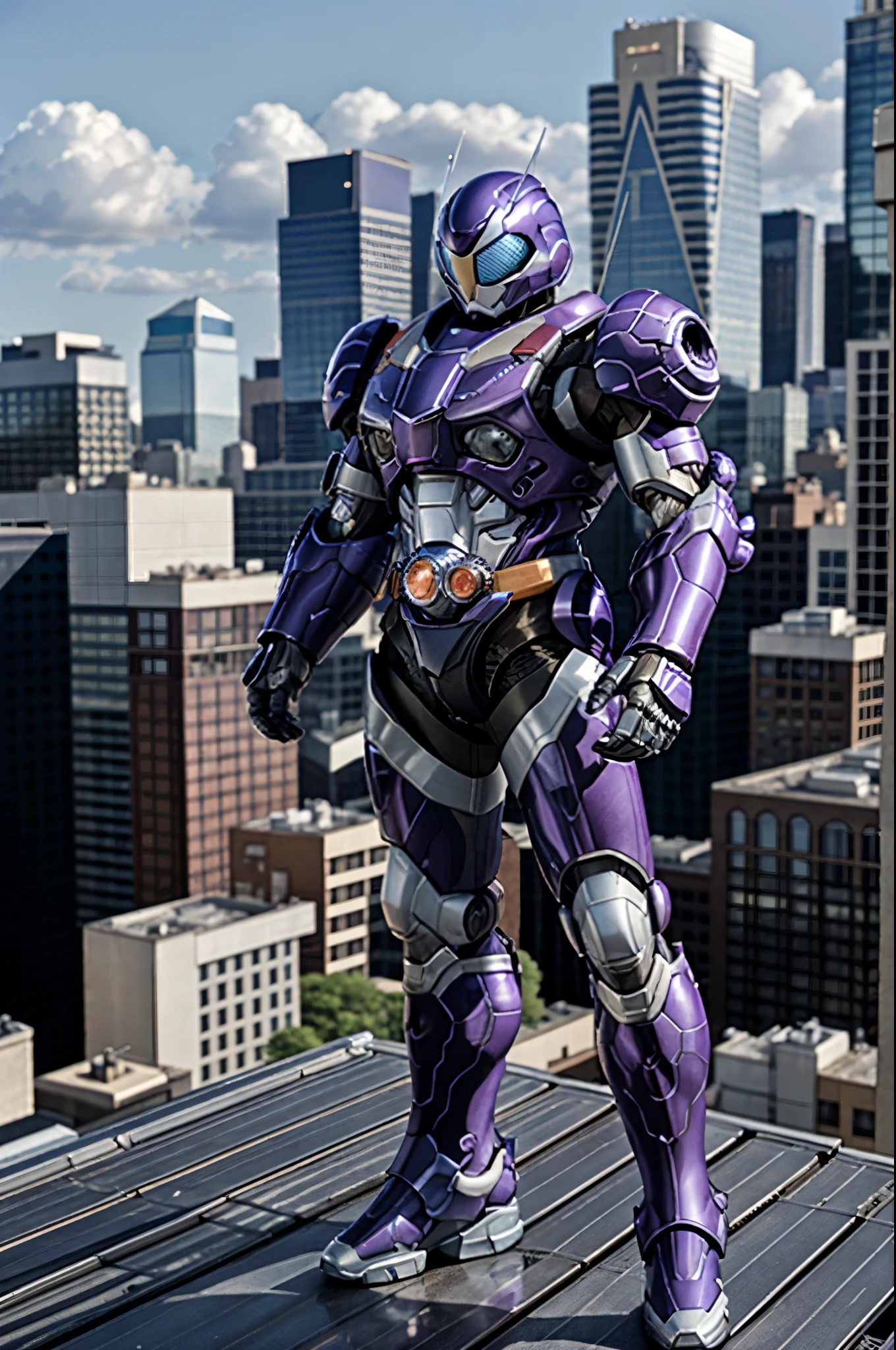 A super a high-tech biotech battle suit, standing on a rooftop, looking over the city, Japanese tokusatsu and American comic style, biometallic texture of the suit, sleek and shiny, dynamic, fast, natural light, cinematic, high quality, high resolution, high detail, sophisticated design, dramatic, high definition, ultra-detailed, ultra-fine painting, extremely delicate, creativity, Natural light, cinematic lighting, best shadow, masterpiece-anatomy-perfect