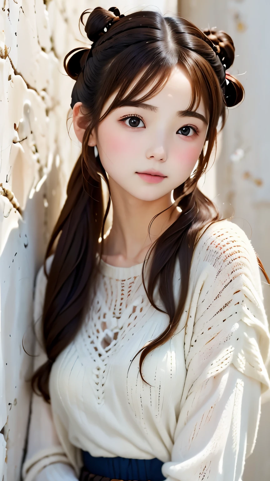 (((A wall with pictures of flowers on a white wall、A wall with artistically painted pink flowers)))、professional writing、professional photographer、(((brown hair,gray eyes,,,beautiful rocket:1.2,)))(beautiful and detailed knitted sweater,,))(blush), (geometric:1.1), ((1 girl,wonderful,adorable girl,alone,bust shot,))(muste piece,highest quality, Beautiful and aesthetic:1.2),(16 km race,hard disk,time),((small breasts,small breasts)),(Physically based rendering),sharp focus, (((high detail skin,))),intricately detailed clothing，delicate pupils,((((lusterの髪|fine hair|half bun|long hair)))),(masterpiece side light),(luster),(beautiful hair,very beautiful background_be familiar with_eye_and_face)),movie girl,(dynamic posture: 1.2),wonderful、A wall with pictures of flowers on a white wall、A wall with artistically painted pink flowers、professional writing、professional photographer、