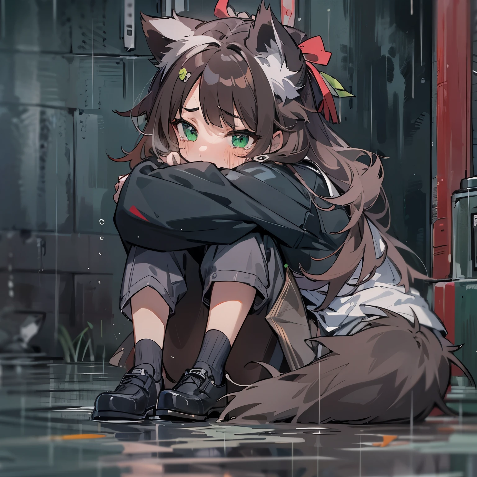 tmasterpiece,top-quality,Back alley,and it is raining,shelter,Petite girl sitting hugging her knees,Tanuki ears,civet tail,A brunette one,Green-eyed,tear drops,Tears overflow from the eyes,Navel ejection、white shirt,Broma,The expression of crying,face flushed,Sweated,shiver,steams,Cool,