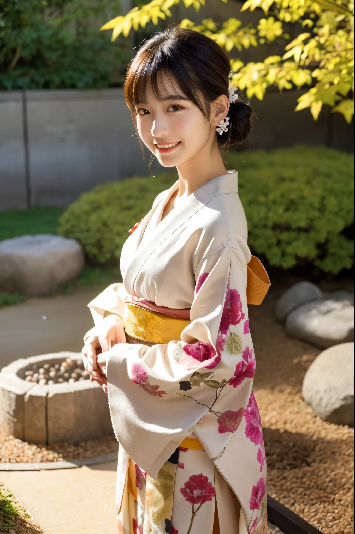 (Realistic:1.3), Rembrandt lighting, (masutepiece:1.2), (Photorealistic:1.2), (Best Quality), (Detailed skin:1.3), (Intricate details), Ray tracing,1girl in, japanaese girl, 21 years old, Detailed skin texture, (blush:0.5), Subsurface scattering, Smiling, updo hair, Bangs, hair between eye, Hair ornaments, Kimono, with floral pattern, wearing edgJF_Kimono, Seiza (bright sunny day, Autumn setting, Autumn trees々and leaves, (a Zen garden:1.2)