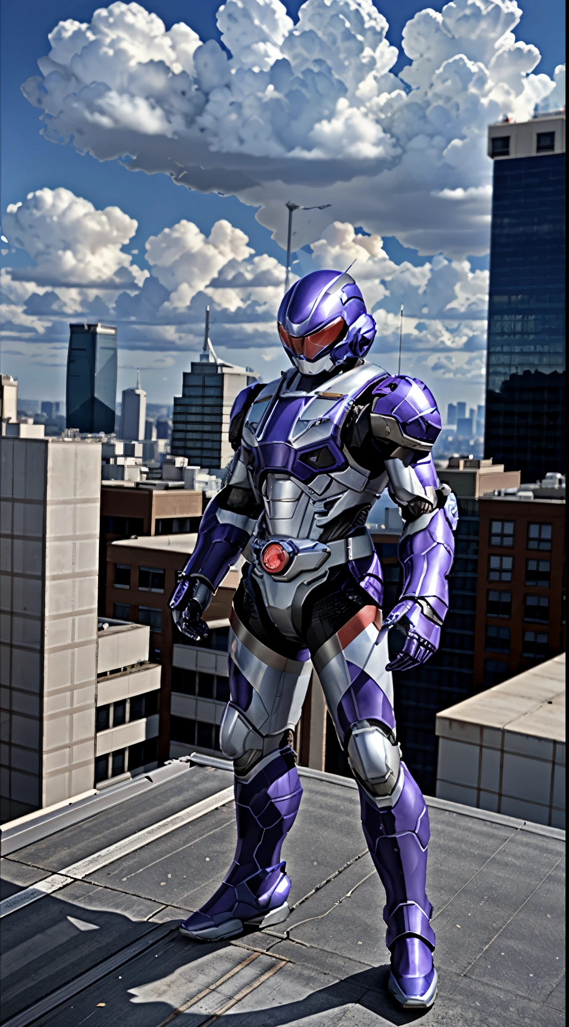 A super a high-tech biotech battle suit, standing on a rooftop, looking over the city, Japanese tokusatsu and American comic style, biometallic texture of the suit, sleek and shiny, dynamic, fast, natural light, cinematic, high quality, high resolution, high detail, sophisticated design, dramatic, high definition, ultra-detailed, ultra-fine painting, extremely delicate, creativity, Natural light, cinematic lighting, best shadow, masterpiece-anatomy-perfect