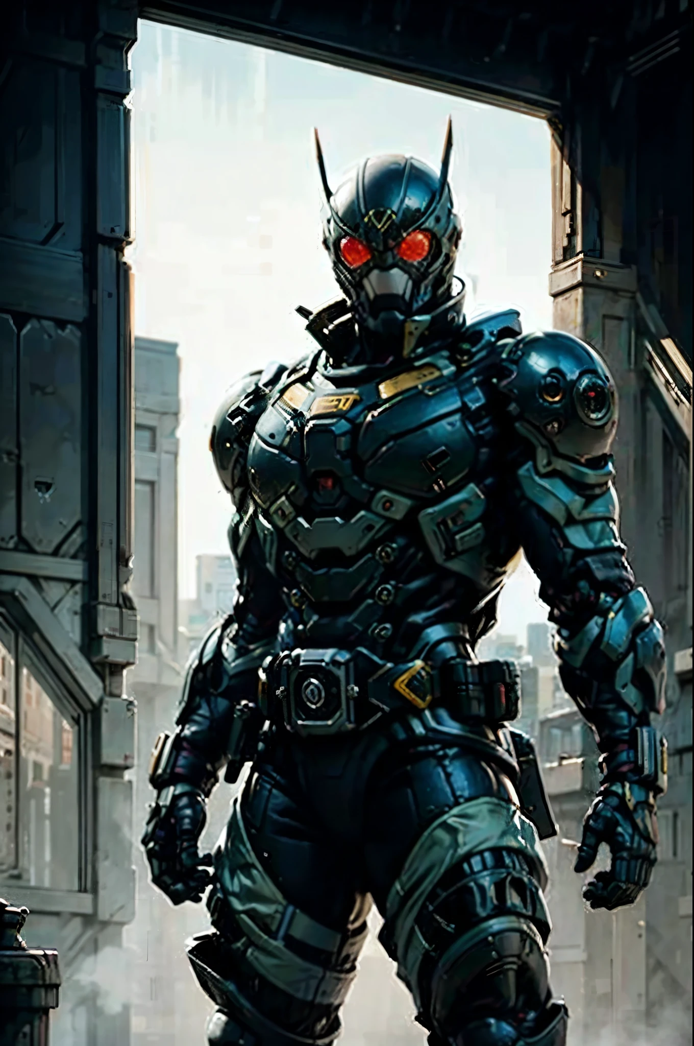 A super a high-tech biotech battle suit, standing on a rooftop, looking over the city, Japanese tokusatsu and American comic style, biometallic texture of the suit, sleek and shiny, dynamic, fast, natural light, cinematic, high quality, high resolution, high detail, sophisticated design, dramatic, high definition, ultra-detailed, ultra-fine painting, extremely delicate, creativity, Natural light, cinematic lighting, best shadow, masterpiece-anatomy-perfect