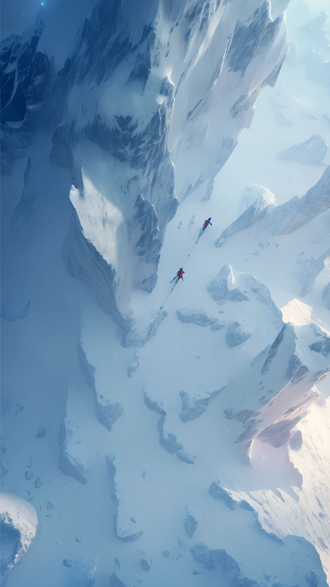 Two people skiing from the side of the mountain in the snow, jessica rossier color scheme, inspired by Jessica Rossier, by Jessica Rossier, Jessica Rossier Fantasy Art, extremely high resolution, ice tower, Hoth planet, Arctic, Viewed from space, true depiction, Travel through the ice planet, Extremely detailed matte painting, Image source NASA Nat Geo