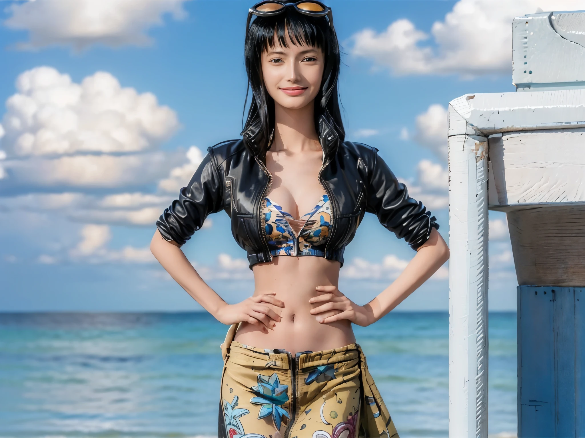 (((masterpiece))), NicoRobin, 1girl, solo, full body, long hair, looking at viewer, smile, blue eyes, large breasts, black hair, navel, holding, cleavage, closed mouth, standing, collarbone, jacket, short sleeves, cowboy shot, outdoors, sky, day, midriff, cloud, water, stomach, blue sky, crop top, groin, hand on hip, ocean, sunglasses, eyewear on head, zipper, cropped jacket, high collar, unzipped, sarong, hair slicked back, partially unzipped, print sarong,