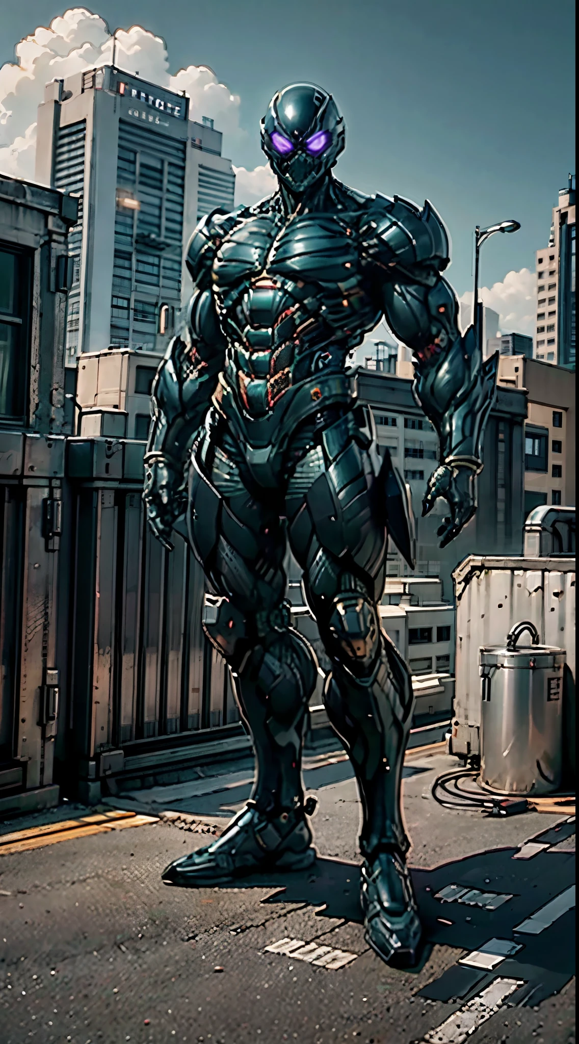 A super a high-tech biotech battle suit, standing on a rooftop, looking over the city, Japanese tokusatsu and American comic style, biometallic texture of the suit, sleek and shiny, dynamic, fast, natural light, cinematic, high quality, high resolution, high detail, sophisticated design, dramatic, high definition, ultra-detailed, ultra-fine painting, extremely delicate, creativity, Natural light, cinematic lighting, best shadow, masterpiece-anatomy-perfect