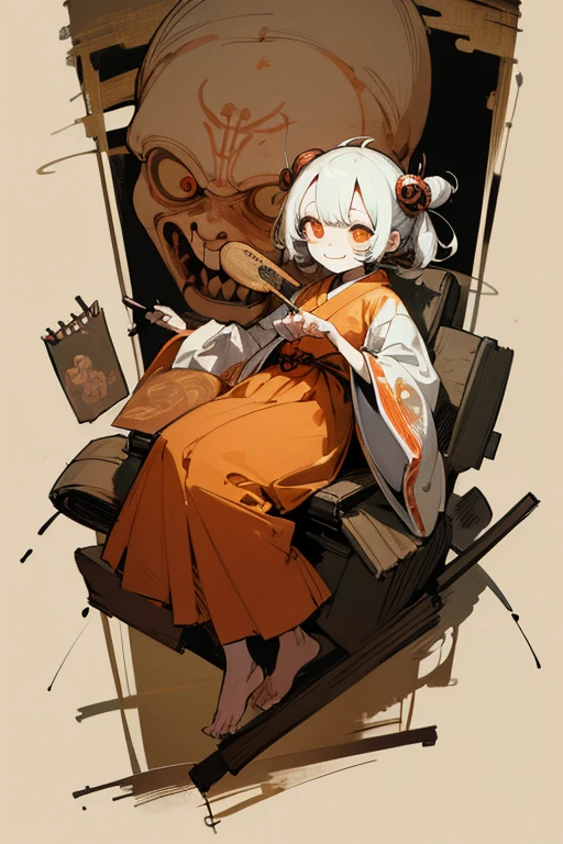 Outline warm color, ((jumpscare)), ((festival)), horrific, scribble, (yokai), angle, (masterpiece), (high resolution), (super delicate), (Clear), full body, Comic Style Illustrations, (drawing style), warm color, Japanese painting, (snapshot), bugaboo, nightmare, (eerie), (horror elements), Japanese carving, primitive art, old picture scroll style, old staging, Ancient mural style, cartoon style, rough sketch, Crazy illustrations, antique, Dark atmosphere, flat illustration, doll-like face, horror factor, Crazy smile, spooky look, Distinctive hair style, Creative accessories, individualistic atmosphere