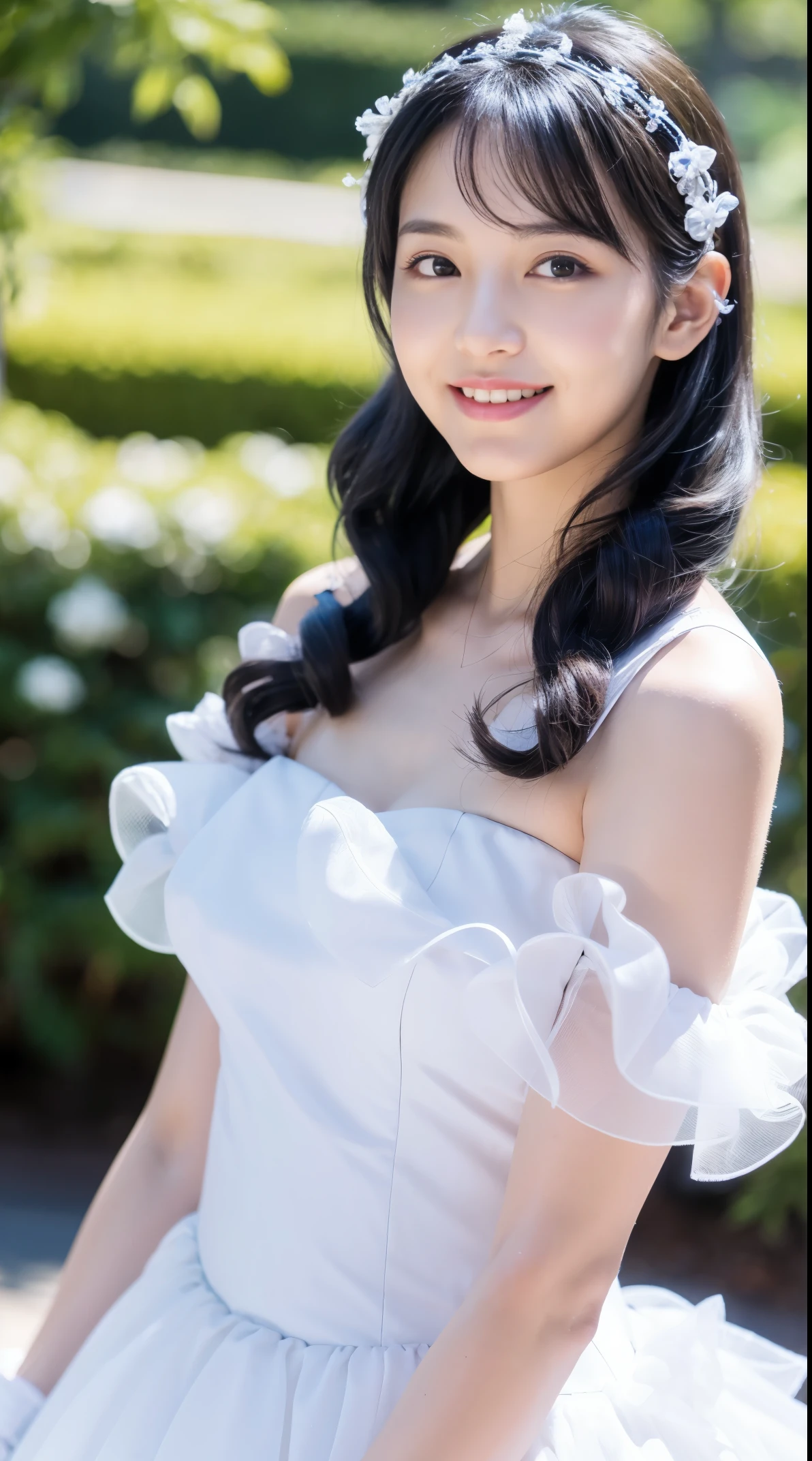 korean,realistic, masterpiece, final detail, photo realistic, intricate detail, octane rendering, 8K, 1Girl, full bodyperfect face, beautiful face, on NSWF, trough reference, detail hair,, black bow, black gloves, black legs, blue eyes, blue hair, bow, collarbone, dress, drill hair, ruffles, ruffles, gloves, gwen, headdress, highres, long hair, parted lips, puffy sleeves, purple eyes, smile, solo, white dress, oil skin,
