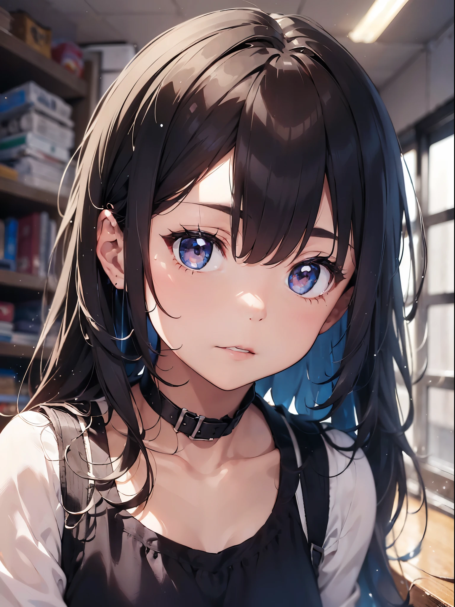 1 girl, (alone:1.2), ((masterpiece)), (shadow), [Slim], (Small), ((sharp focus)), pale skin, ((Detailed eyes background), (dynamic angle), black hair, Keep your mouth shut, Vest, shorts, permanent, Internal, living room, straight hair, looking at the audience, cold expression, Serious