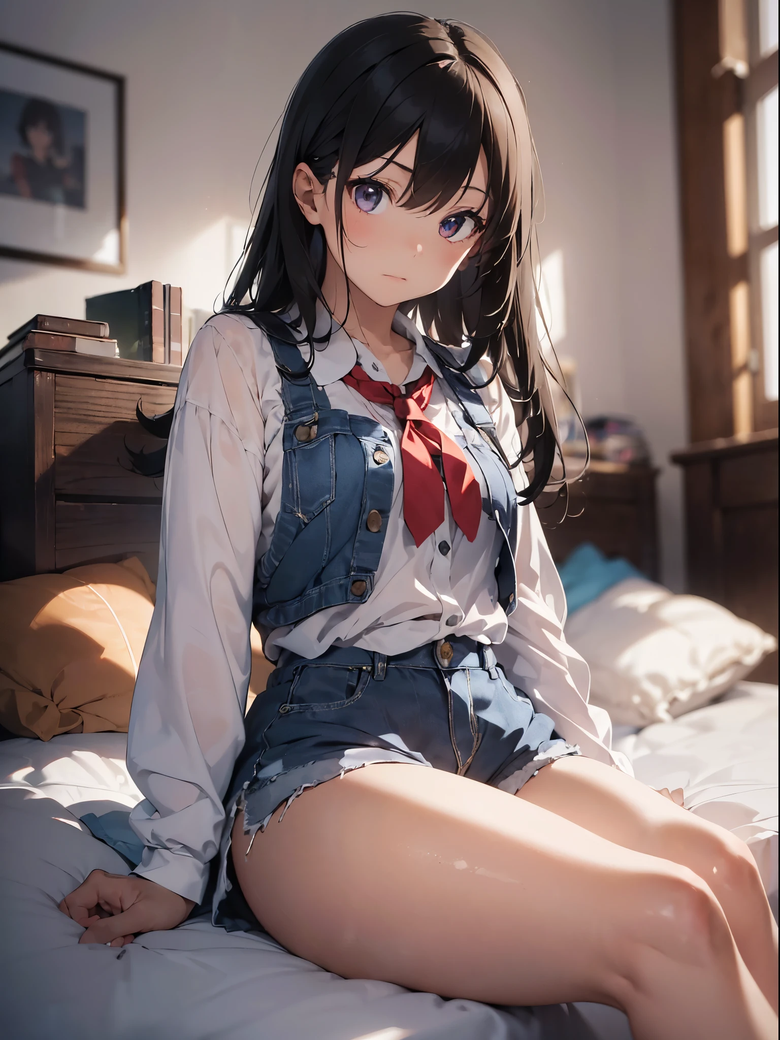 1 girl, (alone:1.2), ((masterpiece)), (shadow), [Slim], (Small), ((sharp focus)), pale skin, ((Detailed eyes background), (dynamic angle), black hair, Keep your mouth shut, Vest, shorts, permanent, Internal, living room, straight hair, looking at the audience, cold expression, Serious