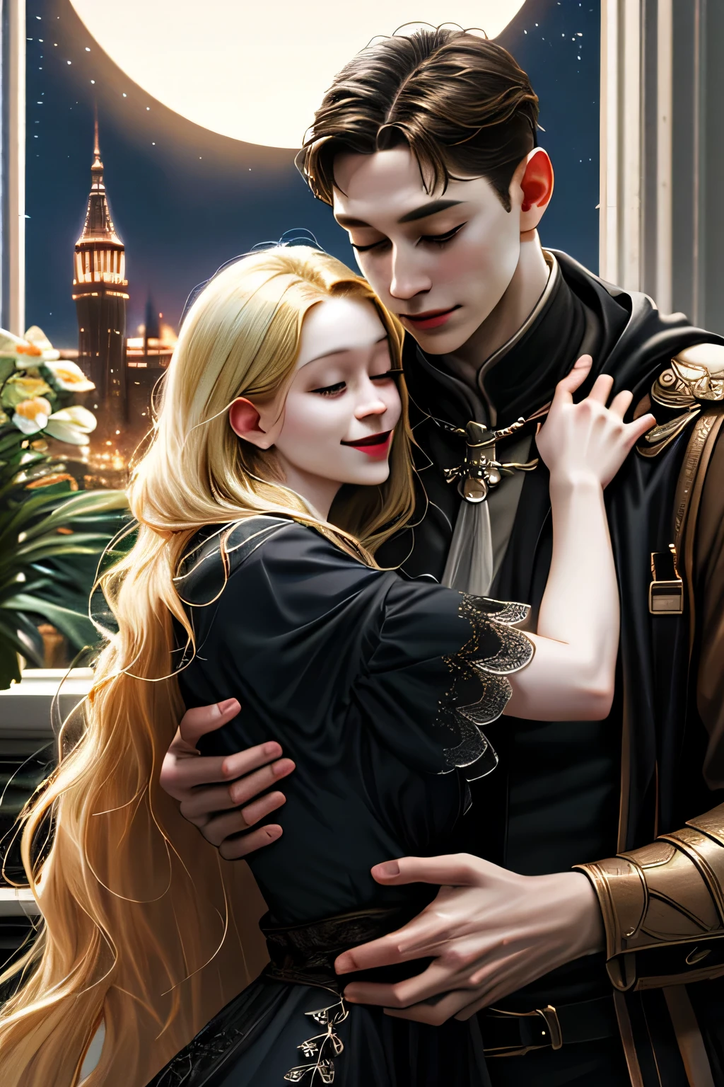 (absurdres, highres, ultra detailed), 2others, couple, 1man with 1woman, mature, Height difference, different hair color, happy, love, hug, upper body, long hair, black hair and blonde hair, fantasy, night