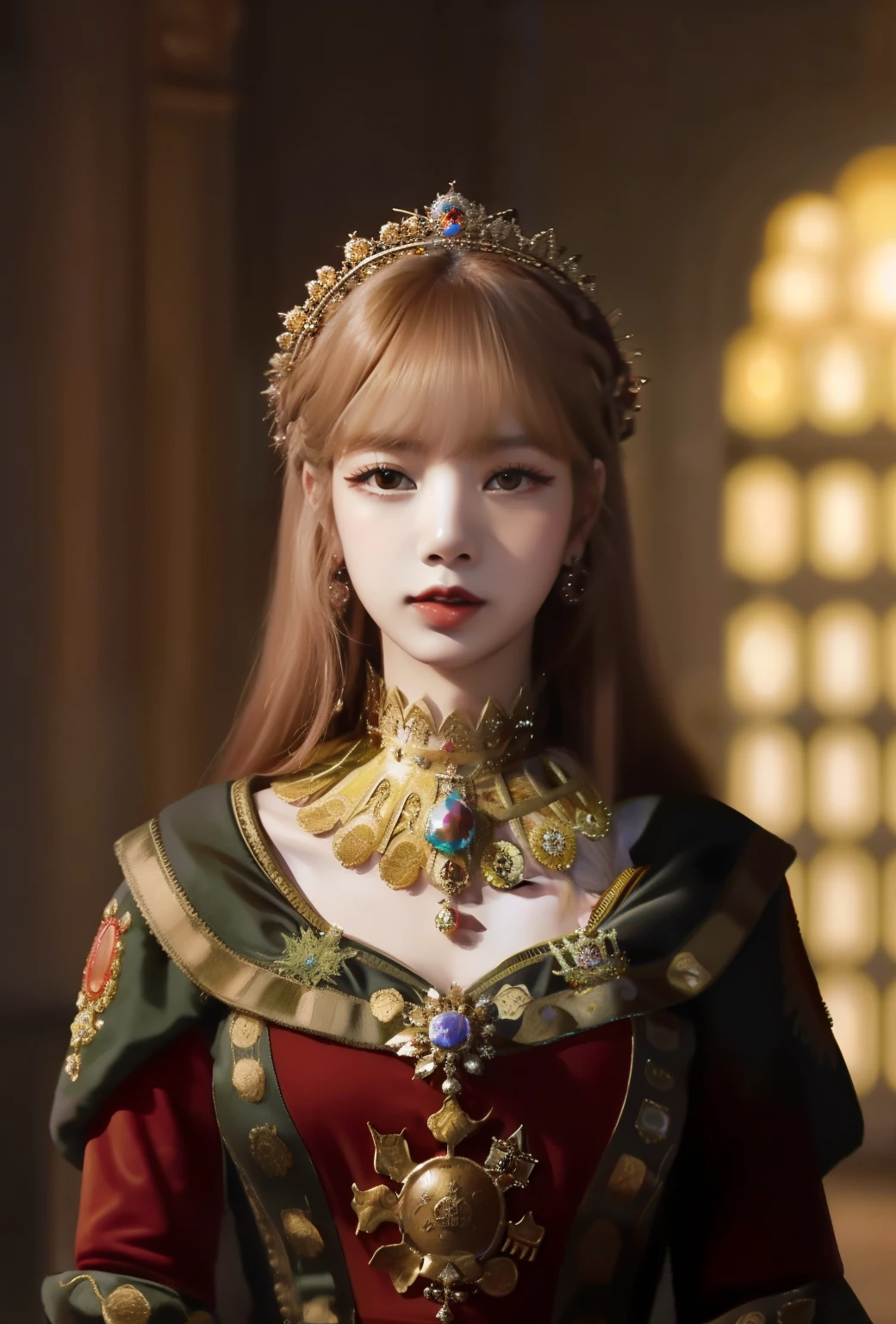 una mujer con un vestido rojo con un collar de oro y una corona, Lalisa Manoban como reina medieval., portrait of una reina elfa, Reina pelirroja con una pesada armadura roja., ((a beautiful empress of fantasy)), as a medieval fantasy character, a beautiful empress of fantasy, retrato de Lalisa Manoban como reina, impresionante arte de personajes, una reina elfa, hermosa y elegante reina elfa, princesa medieval