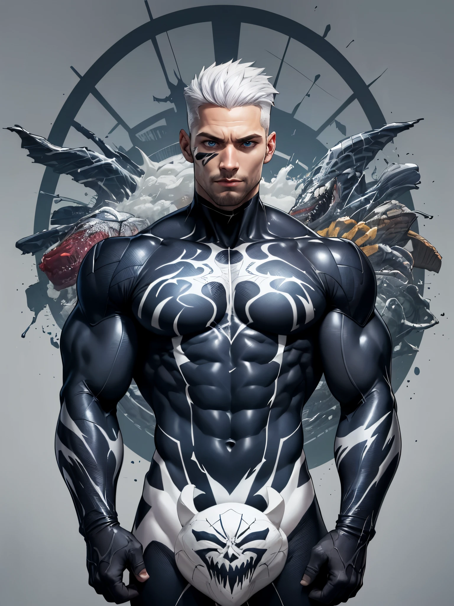 young muscular male, masterpiece, intricate details, upper body, best quality, eye focus, silver hair, manly, stubble, venom, symbiote costume,(emiya_shiro:1.2),dark skin, 1boy, (symbiote full bodysuit:1.1), eye focus, face, detailed eyes, symbiote skin tight, blue eyes, full body,