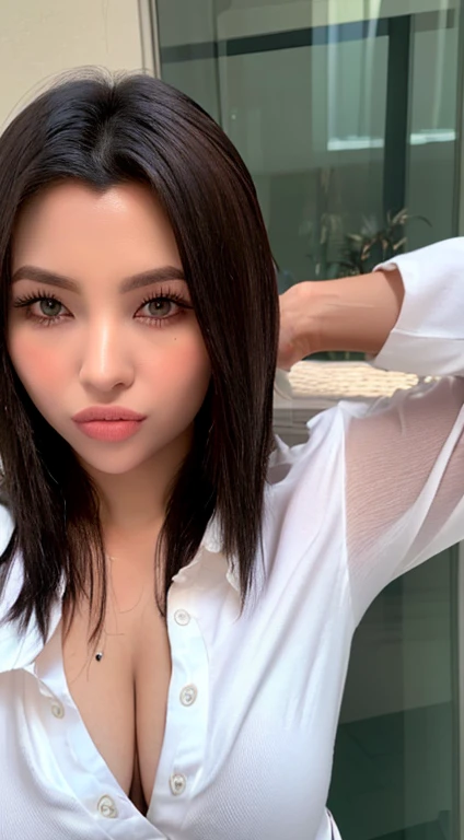 ((best qualtiy, 8K, tmasterpiece:1.3)), Sharp:1.2, perfect figure beautiful woman:1.4, Slim abs:1.2, ((Layered Hair Style, huge tit:1.3,cleavage:1.2)), (A long shirt with transparent wet white buttons:1.1),(Sateen,the street:1.2),Get wet:1.5,Highly detailed facial and skin texture,A detailed eye,二重まぶた,Look sideways at the camera