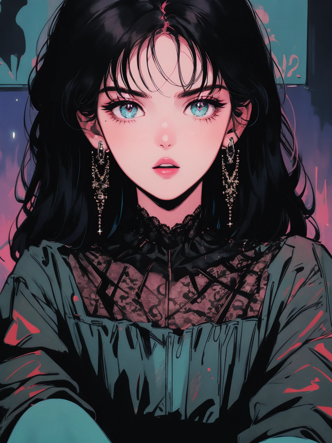 Wednesday Adams,dark,glitter,new year,dark,full body photo,sitting in the chair,lace dress,detailed eyes,detailed lips,black hair,serious expression,gothic style,portrait photography,colorful lights,vibrant colors