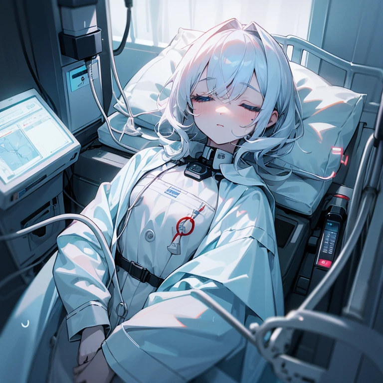 young girl(A man in a white coat stands nearby)、pajamas、hospital、admitted to the hospital、Lying in bed、Sleeping、close your eyes、raindrops、Cannula、Hollow eyes、pale face、My chest is exposed、electrocardiogram、code、connected to a machine