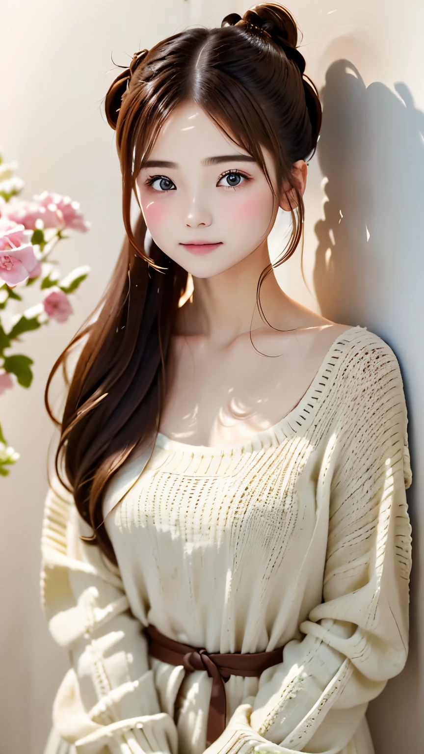 (((A wall with pictures of flowers on a white wall、A wall with artistically painted pink flowers)))、professional writing、professional photographer、(((brown hair,gray eyes,,,beautiful rocket:1.2,)))(beautiful and detailed knitted sweater,,))(blush), (geometric:1.1), ((1 girl,wonderful,adorable girl,alone,bust shot,))(muste piece,highest quality, Beautiful and aesthetic:1.2),(16 km race,hard disk,time),((small breasts,small breasts)),(Physically based rendering),sharp focus, (((high detail skin,))),intricately detailed clothing，delicate pupils,((((lusterの髪|fine hair|half bun|long hair)))),(masterpiece side light),(luster),(beautiful hair,very_be familiar with_eye_and_face,red glossy lips,very魅力的な口)),movie girl,(dynamic posture: 1.2),wonderful、A wall with pictures of flowers on a white wall、A wall with artistically painted pink flowers、professional writing、professional photographer、