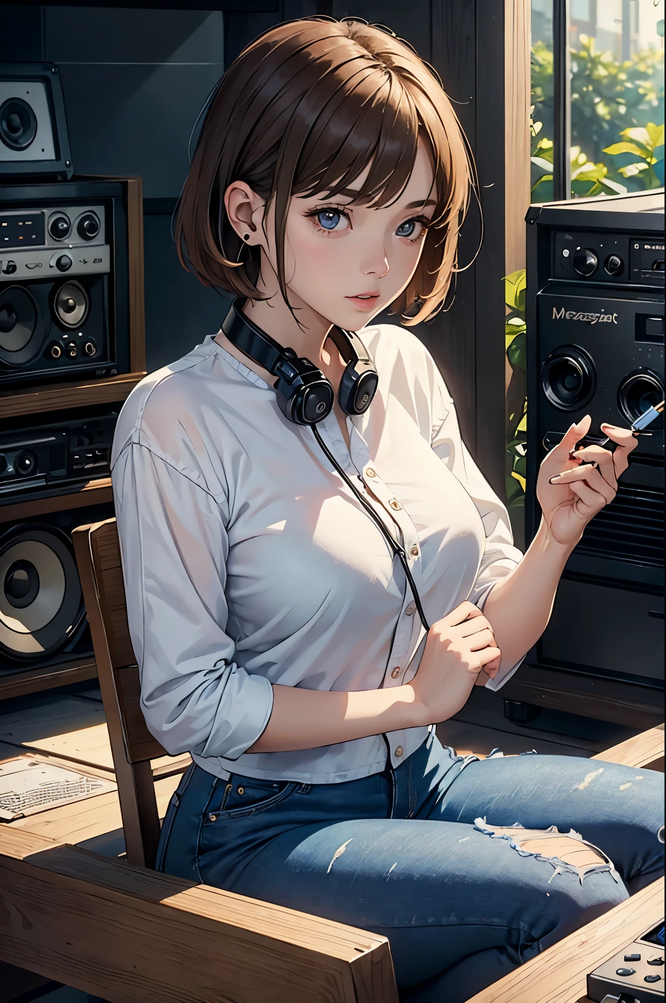 (masterpiece, best quality:1.4), Super detailed, soft light, nature采光, film light, film grain, (depth of field), (1 lady, alone:1.4), mature woman, Perfect female form, (perfect face, Detailed face, glossy lips, Eyeliner), short hair, blond, (nature), (White unshirt, jeans, split), (mixtape:1.4), (music store, cdx, Venier, radios, amplifier, speakers, earphone), (permanent),