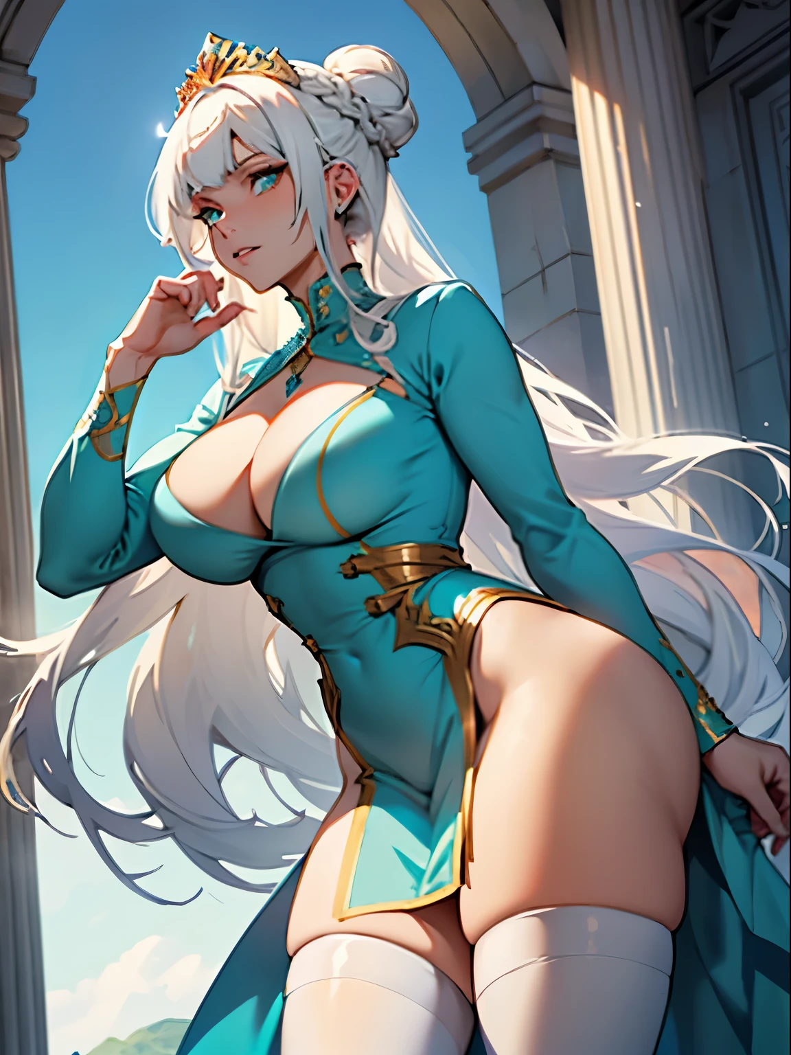 White haired anime girl, hair bun, long hair, bangs, braid, cyan eyes, princess, tiara, large breasts, thick thighs, cleavage, teal dress, golden accents, ice, glare, royal dress, royalty, detailed eyes, hourglass figure, pale skin, blue highlights, wide hips, white stockings