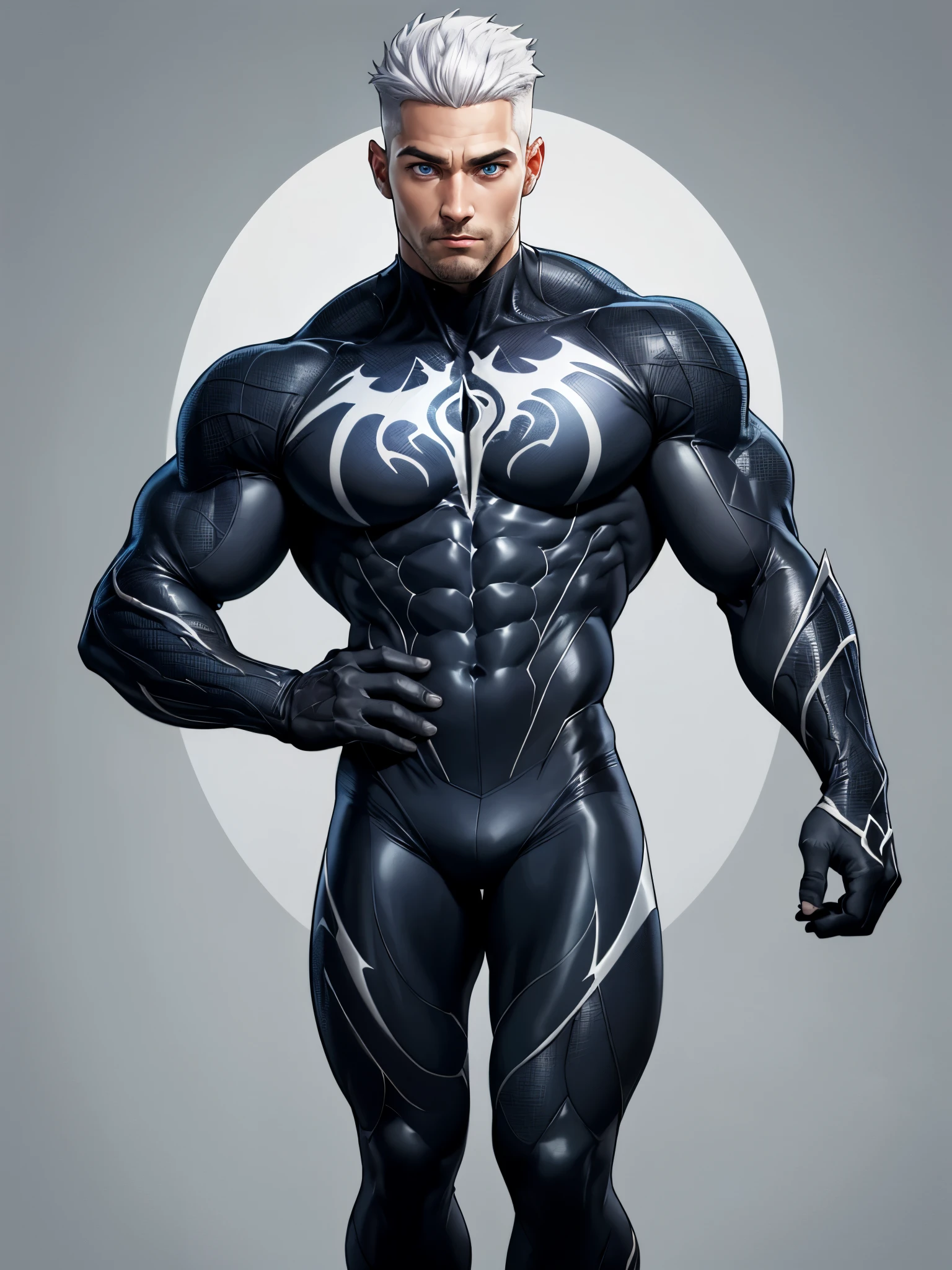 young muscular male, masterpiece, intricate details, upper body, best quality, eye focus, silver hair, manly, stubble, venom, symbiote costume,(emiya_shiro:1.2),dark skin, 1boy, (symbiote full bodysuit:1.1), eye focus, face, detailed eyes, symbiote skin tight, blue eyes, full body,