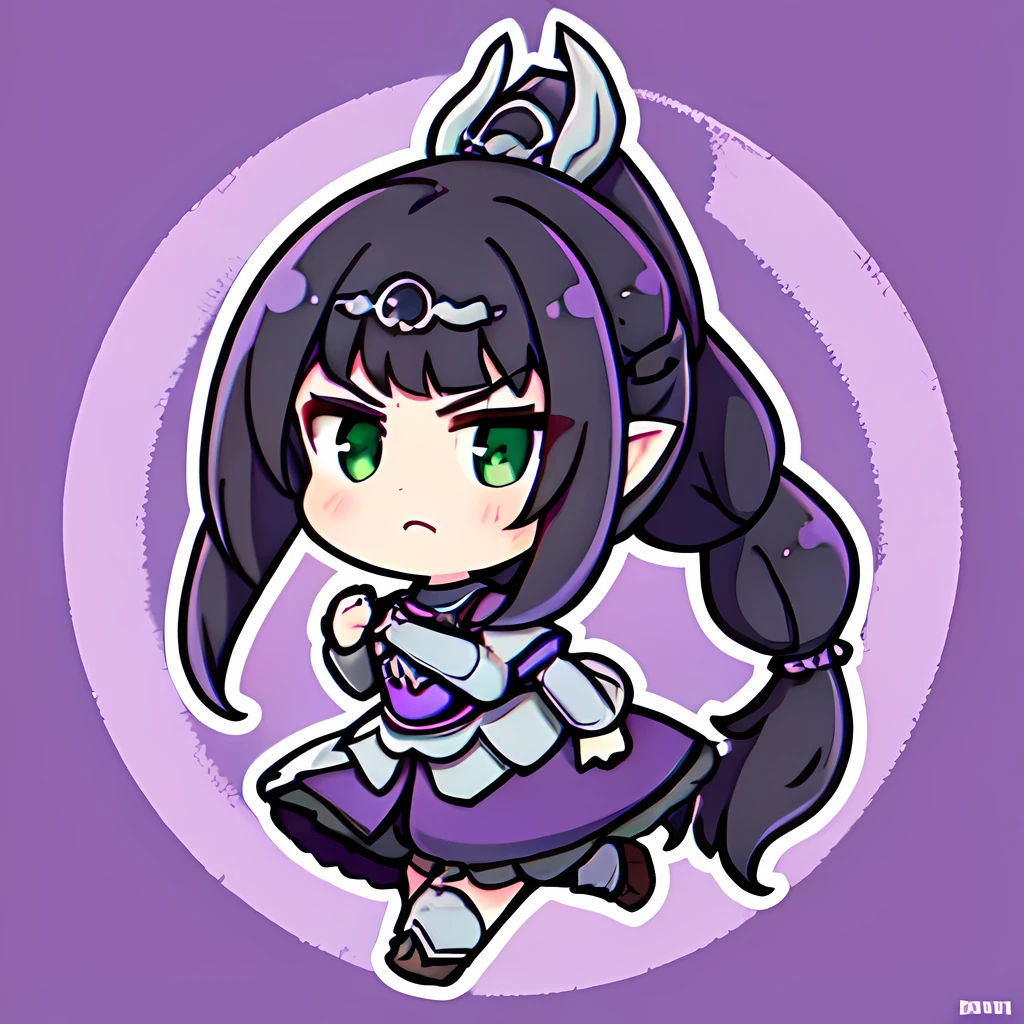 simple background with purple flowers, 1girl, solo, full body, dynamic angle, scowl, dsshadowheart, black hair, long hair, ponytail, bangs, braid, hair ornament, pointy ears, green eyes, circlet, armor, breastplate, pauldrons, purple flowers,