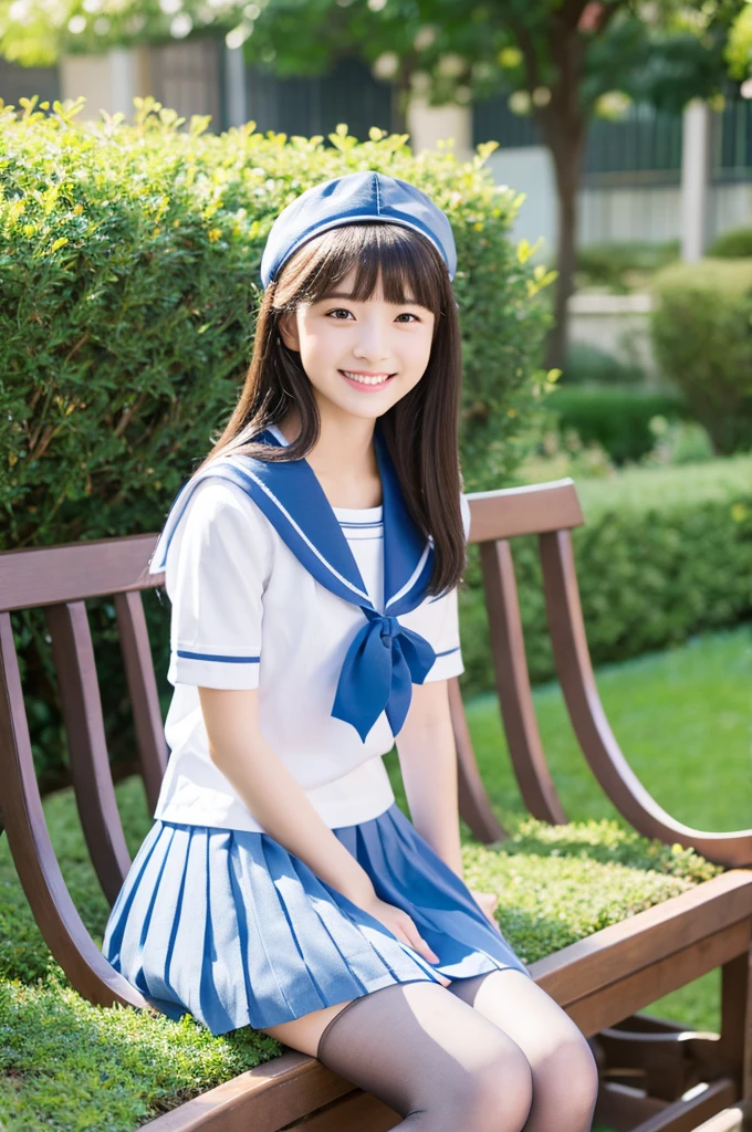 highest quality、masterpiece、High resolution、4K、real 18 year old woman、light blue sailor uniform、pleated mini skirt、garden、sitting on the bench、smile、stockings、medium long hair、1 girl、