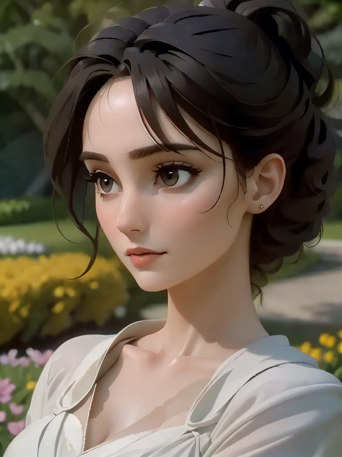 35-year-old woman, black hair, brown eyes, detailed facial features, smooth skin, elegant appearance, confident expression, stylish outfit, standing in a lush garden, surrounded by blooming flowers, gentle sunlight filtering through the trees, vibrant colors, a sense of tranquility and serenity, high-quality, ultra-detailed artwork, realistic rendering, fine brush strokes, vivid colors, natural lighting, capturing the essence of beauty and grace, creating a masterpiece.