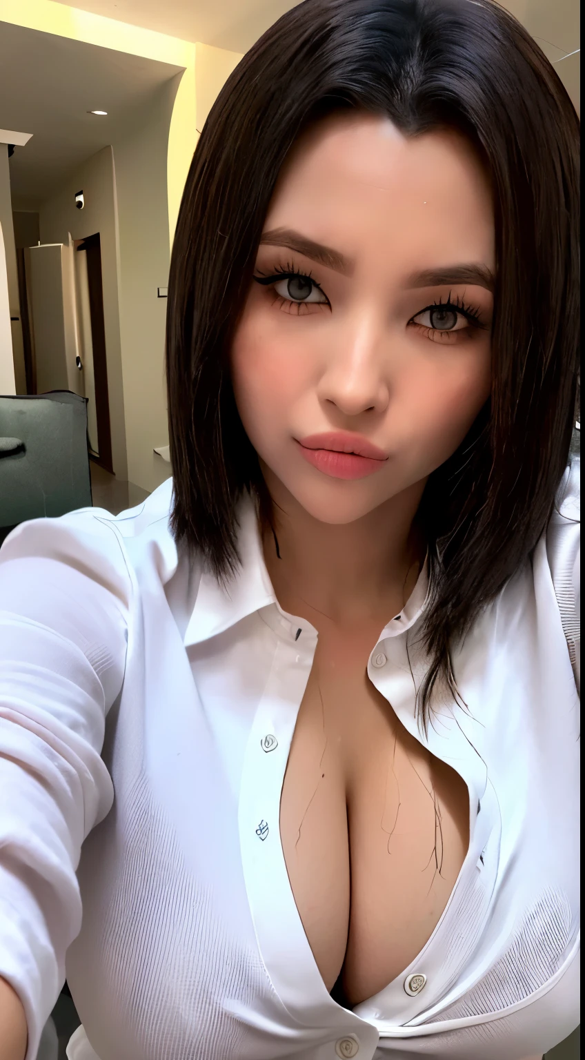 ((best qualtiy, 8K, tmasterpiece:1.3)), Sharp:1.2, perfect figure beautiful woman:1.4, Slim abs:1.2, ((Layered Hair Style, huge tit:1.3,cleavage:1.2)), (A long shirt with transparent wet white buttons：1.1），（Sateen，the street：1.2），Get wet：1.5，Highly detailed  and skin texture，A detailed eye，二重まぶた，Look sideways at the camera
