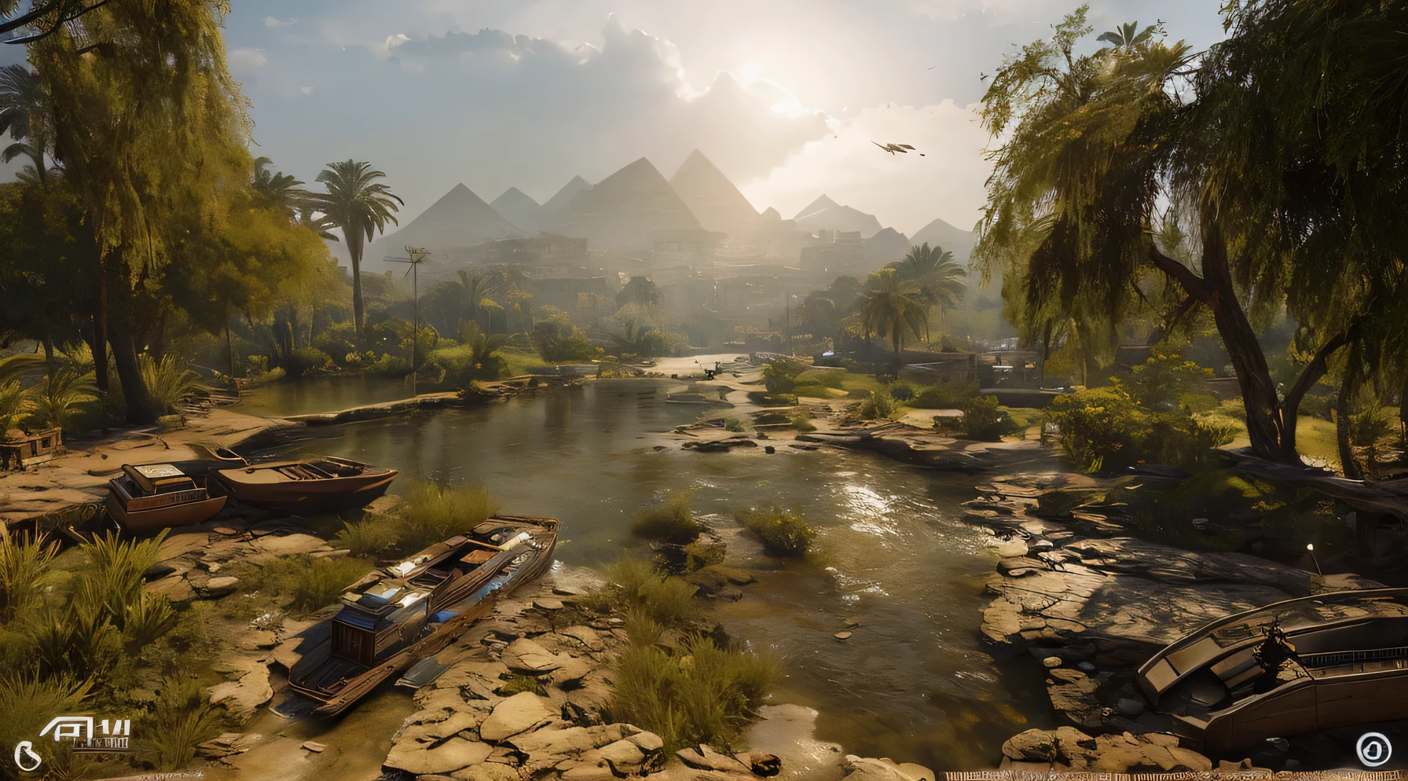 There is a picture of a river with a bridge and a boat,egyptian environment,Oasis in the desert,PC screenshot,village,Unreal Engine,egyptian landscape,视频Game screenshots>,Screenshots of gameplay,Game screenshots,Cinematic lens,Super realistic的图形,nile environment,cryengine 8k ultra high definition,cryengine 8k ultra high definition,Super realistic,4k,8k,ultra hd background,Maya rendering