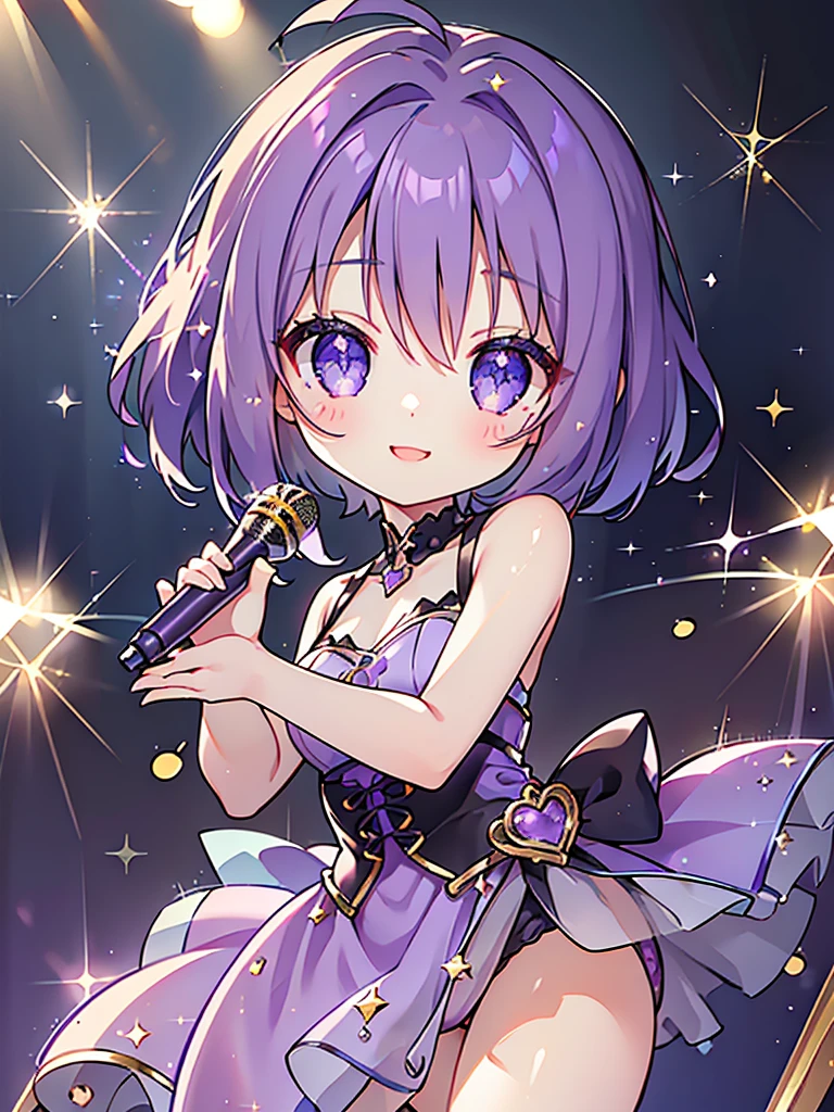 masterpiece, highest quality, excellent anatomy、1 girl, skin texture、beautiful、Minimalistic colors、short hair、purple hair、eyes purple、idol type、(hold the microphone with both hands:1.2)、cute translucent purple dress、heart-shaped sparkling eyes、a smile that charms you、Be in the spotlight、glitter stage.