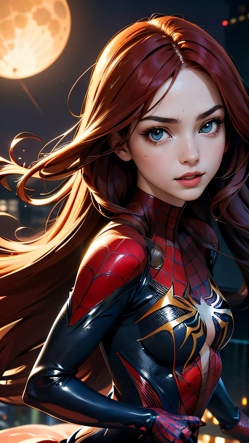 (best quality, masterpiece, colorful, dynamic angle, highest detailed) upper body photo, fashion photography of cute, intense long red hair, \Mary Jane\ in spiderman suit, (ultrahigh resolution textures), in dynamic pose, bokeh, glowing wentricate details, hyperdetailed:1.15), detailed, moonlight passing through hair, perfect night, fantasy background, (official art, extreme detailed, highest detailed), HDR+