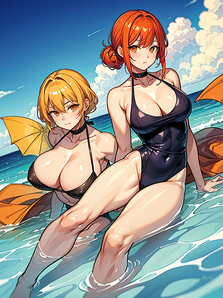 （（（masterpiece、Highest image quality、highest quality、highly detailed unity 8ｋwallpaper）））、（（Illustration of one girl））、（（orange hair、side pony、orange eyes））、swimsuit、sandy beach