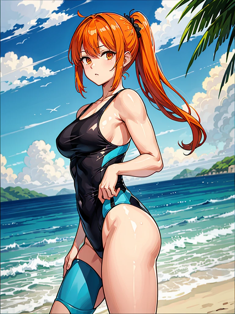 （（（masterpiece、Highest image quality、highest quality、highly detailed unity 8ｋwallpaper）））、（（Illustration of one girl））、（（orange hair、side pony、orange eyes））、swimsuit、sandy beach