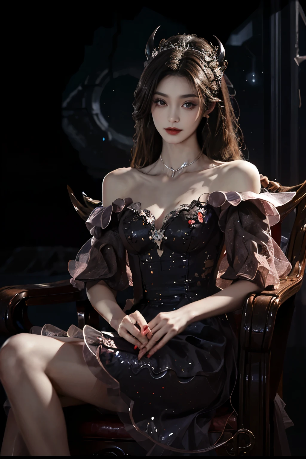 dress, Beautiful devil woman from hell, (in the darkness: 1.6), 大卫霍克尼和阿尔方斯穆夏的Surreal女性portrait, fantasy art, korean doll, photorealism, dynamic lighting, art station, poster, Volumetric lighting, The facial details are very rich, 8k, in the darkness, deep shadow, low pitch, (knee shot), long hair, black hair, luxurious palace, royal style, Demon Crown, Red eye makeup is very sharp and detailed, the most beautiful face, normal breast, Surreal, charming smile, Eye makeup is very good, Gurwitz, devil style, red and black lips, Devil tattoo on shoulder, The weather is gloomy and thunderous, (portrait), Protagonist close-up, (Background details 1.8),