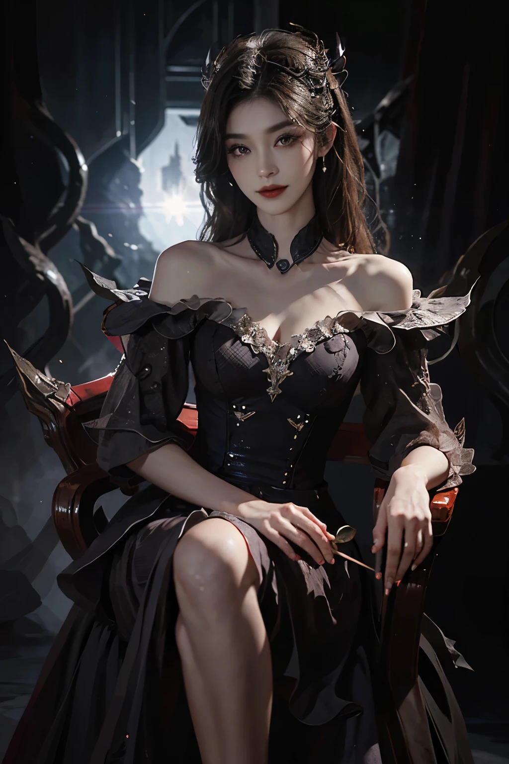 dress, Beautiful devil woman from hell, (in the darkness: 1.6), 大卫霍克尼和阿尔方斯穆夏的Surreal女性portrait, fantasy art, korean doll, photorealism, dynamic lighting, art station, poster, Volumetric lighting, The facial details are very rich, 8k, in the darkness, deep shadow, low pitch, (knee shot), long hair, black hair, luxurious palace, royal style, Demon Crown, Red eye makeup is very sharp and detailed, the most beautiful face, normal breast, Surreal, charming smile, Eye makeup is very good, Gurwitz, devil style, red and black lips, Devil tattoo on shoulder, The weather is gloomy and thunderous, (portrait), Protagonist close-up, (Background details 1.8),