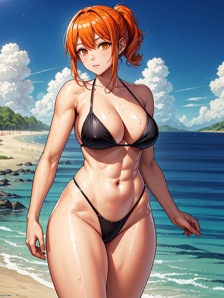 （（（masterpiece、Highest image quality、highest quality、highly detailed unity 8ｋwallpaper）））、（（Illustration of one girl））、（（orange hair、side pony、orange eyes））、swimsuit、sandy beach