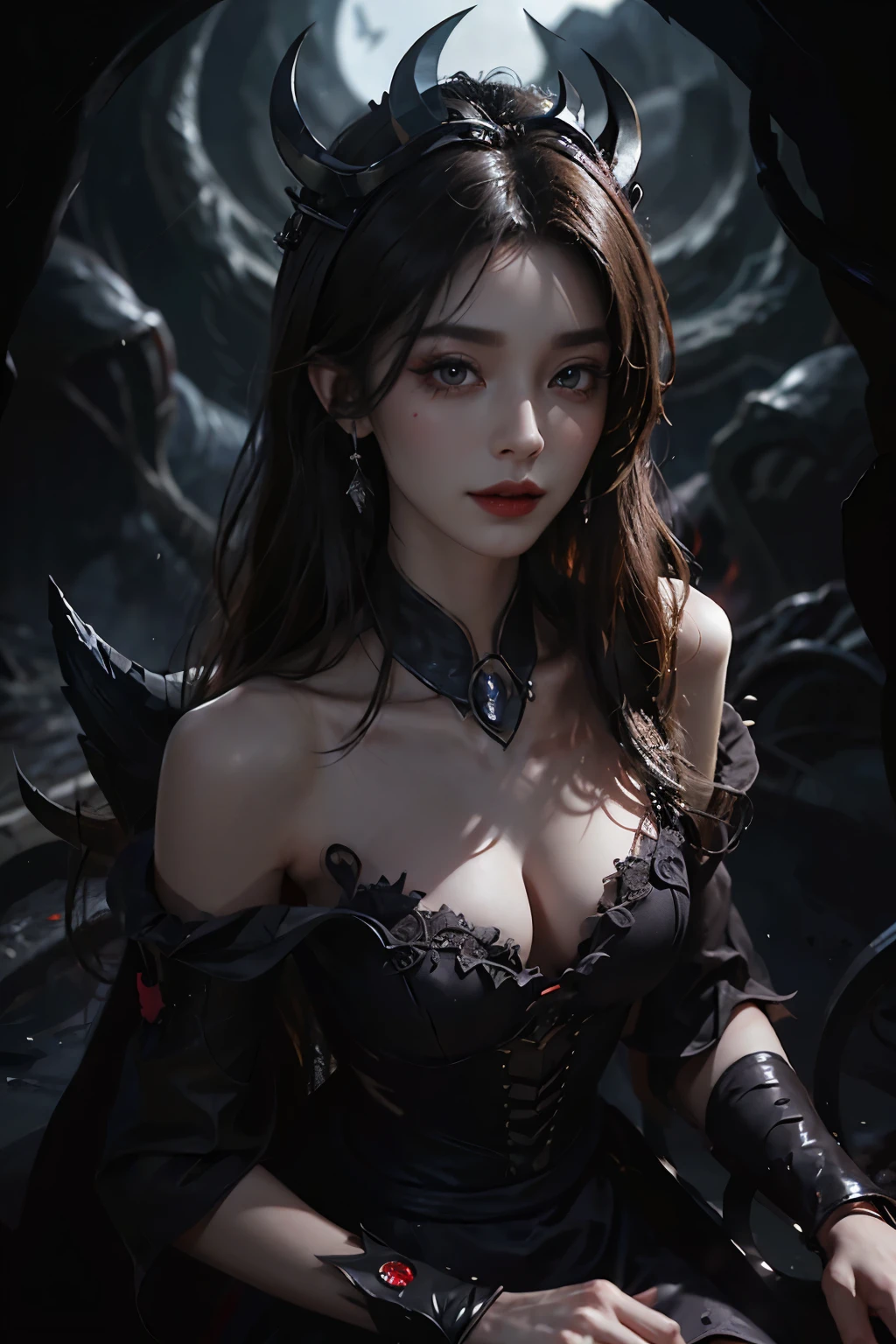 dress, Beautiful devil woman from hell, (in the darkness: 1.6), 大卫霍克尼和阿尔方斯穆夏的Surreal女性portrait, fantasy art, korean doll, photorealism, dynamic lighting, art station, poster, Volumetric lighting, The facial details are very rich, 8k, in the darkness, deep shadow, low pitch, (knee shot), long hair, black hair, luxurious palace, royal style, Demon Crown, Red eye makeup is very sharp and detailed, the most beautiful face, normal breast, Surreal, charming smile, Eye makeup is very good, Gurwitz, devil style, red and black lips, Devil tattoo on shoulder, The weather is gloomy and thunderous, (portrait), Protagonist close-up, (Background details 1.8),