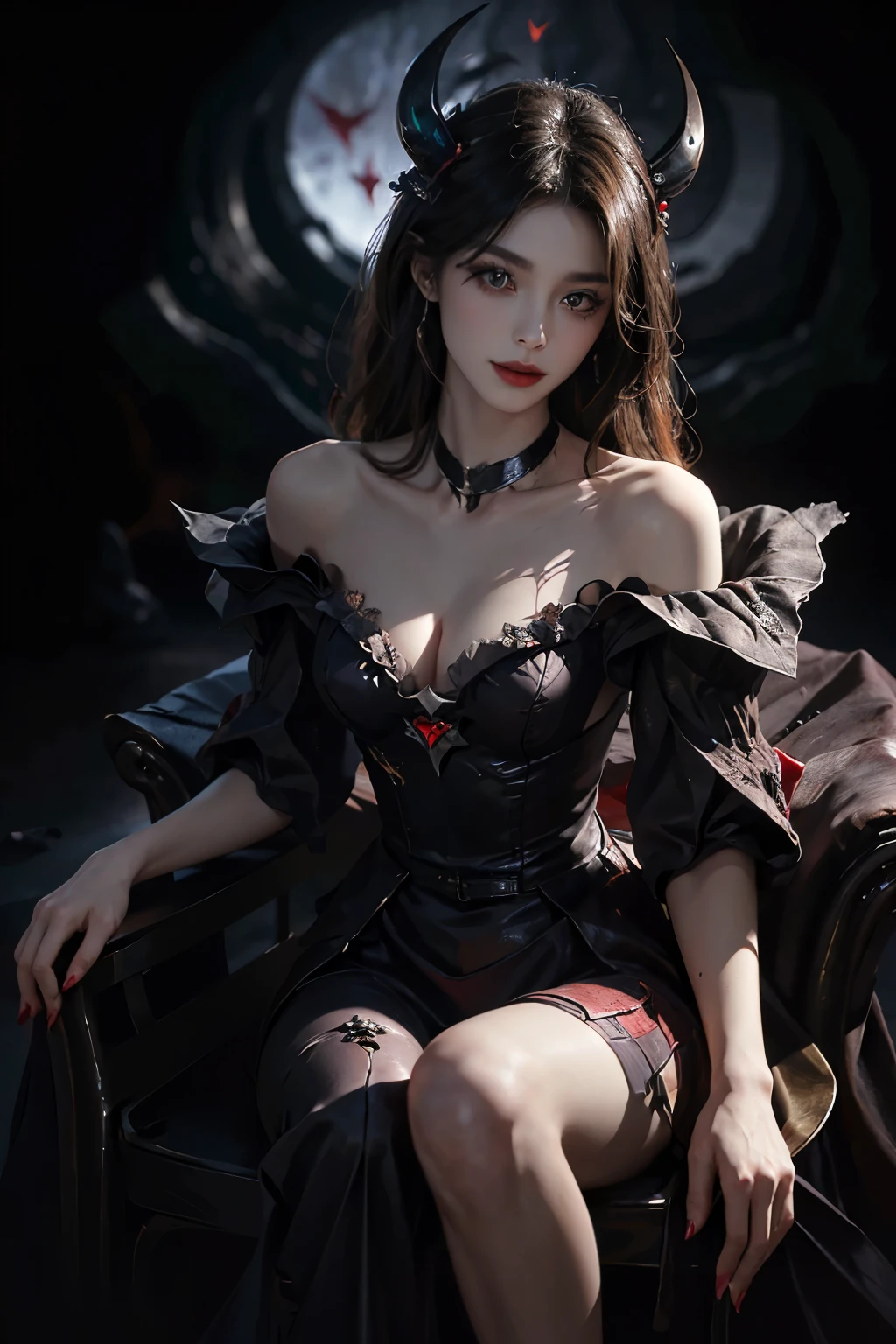 dress, Beautiful devil woman from hell, (in the darkness: 1.6), 大卫霍克尼和阿尔方斯穆夏的Surreal女性portrait, fantasy art, korean doll, photorealism, dynamic lighting, art station, poster, Volumetric lighting, The facial details are very rich, 8k, in the darkness, deep shadow, low pitch, (knee shot), long hair, black hair, luxurious palace, royal style, Demon Crown, Red eye makeup is very sharp and detailed, the most beautiful face, normal breast, Surreal, charming smile, Eye makeup is very good, Gurwitz, devil style, red and black lips, Devil tattoo on shoulder, The weather is gloomy and thunderous, (portrait), Protagonist close-up, (Background details 1.8),