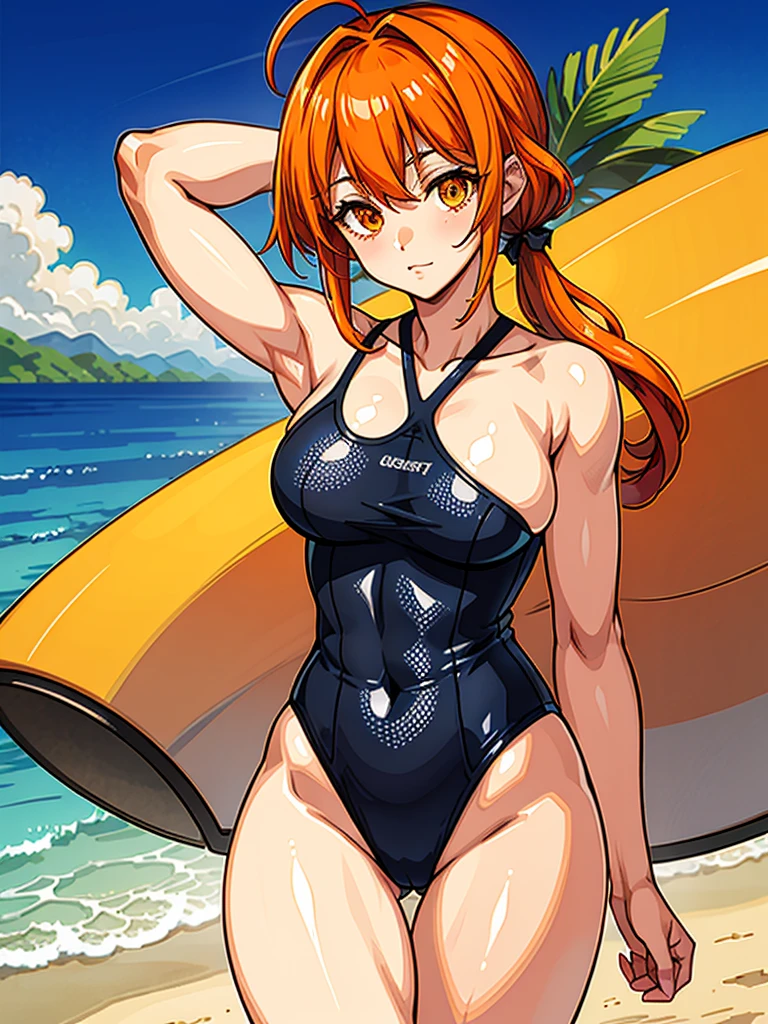 （（（masterpiece、Highest image quality、highest quality、highly detailed unity 8ｋwallpaper）））、（（Illustration of one girl））、（（orange hair、side pony、orange eyes））、swimsuit、sandy beach