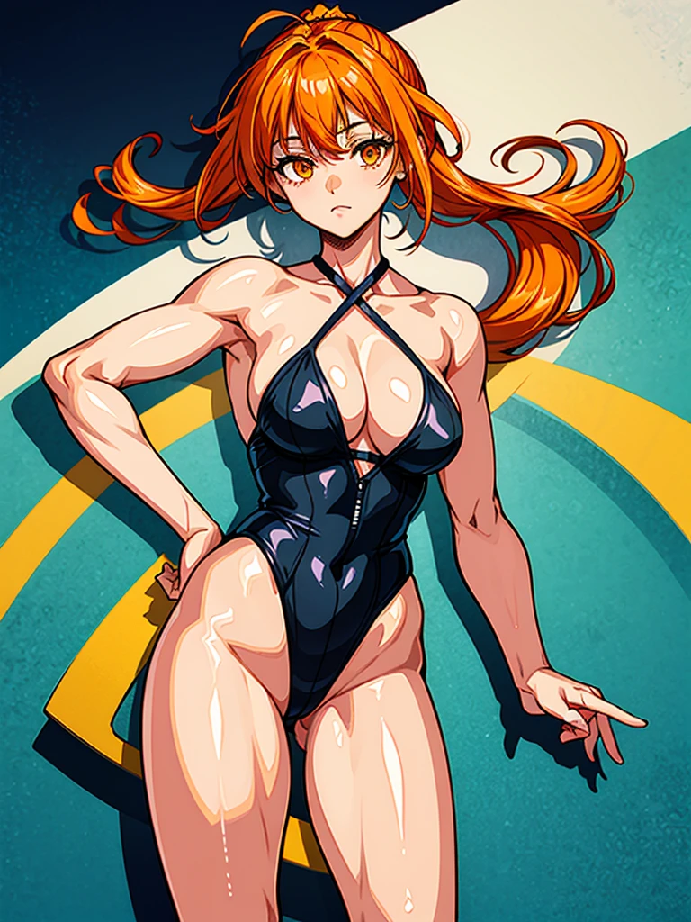 (((masterpiece、Highest image quality、highest quality、highly detailed unity 8kwallpaper)))、((Illustration of one girl))、((orange hair、side pony、orange eyes))、swimsuit、sandy beach