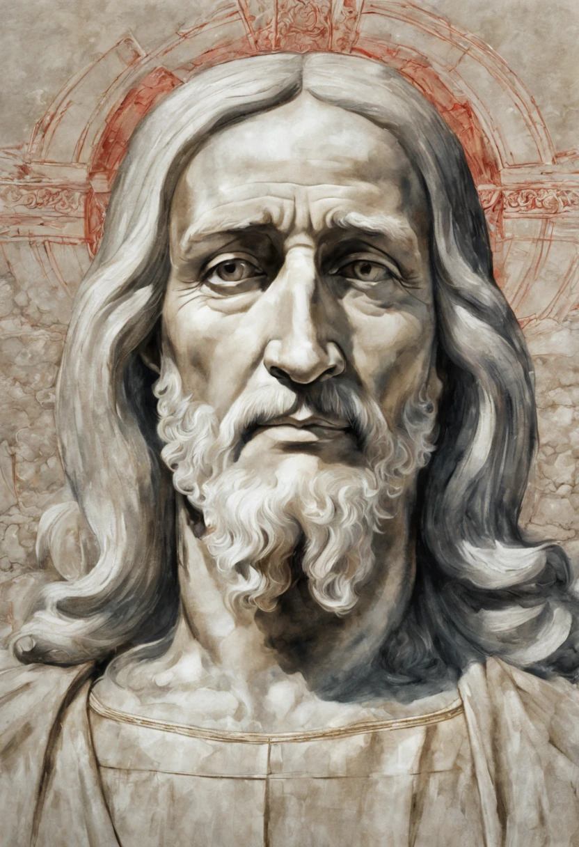 close-up, 8k, hdr, rgb, portrait, an ultra cartoon, Jesus in the style of Leonardo da Vinci, silverpoint, pen and ink, black and red chalk sanguine, sfumato technique, KidsIllustration, 
cool environment, cool background, extremly detailed, by Hajime Sorayama, by Henry Asenci, by (Quentin Blake:0.5), saturated