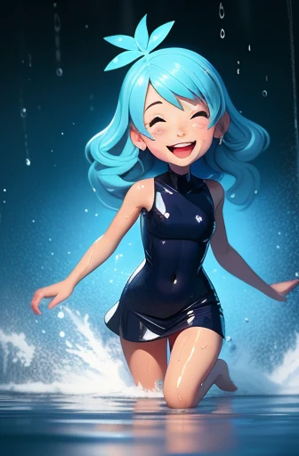 1girl,,navel,navy blue sport mini dress、wet body、soaking wet、sexy pose、wet body、soaking wet、popular cute faces、Painted from head to knee、Shy smile