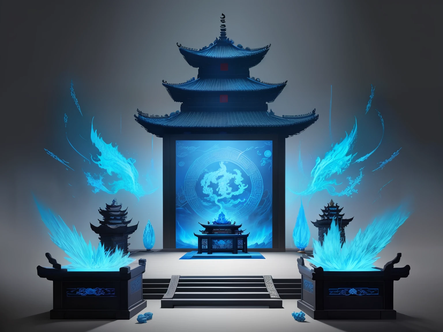 Ancient Chinese mythology and art，Large Xianxia Shura Field，Altar，blue ice and fire，Concept art illustration，Ink painting color blooming，Light painting rendering，Xianxia large-scale game CG scene