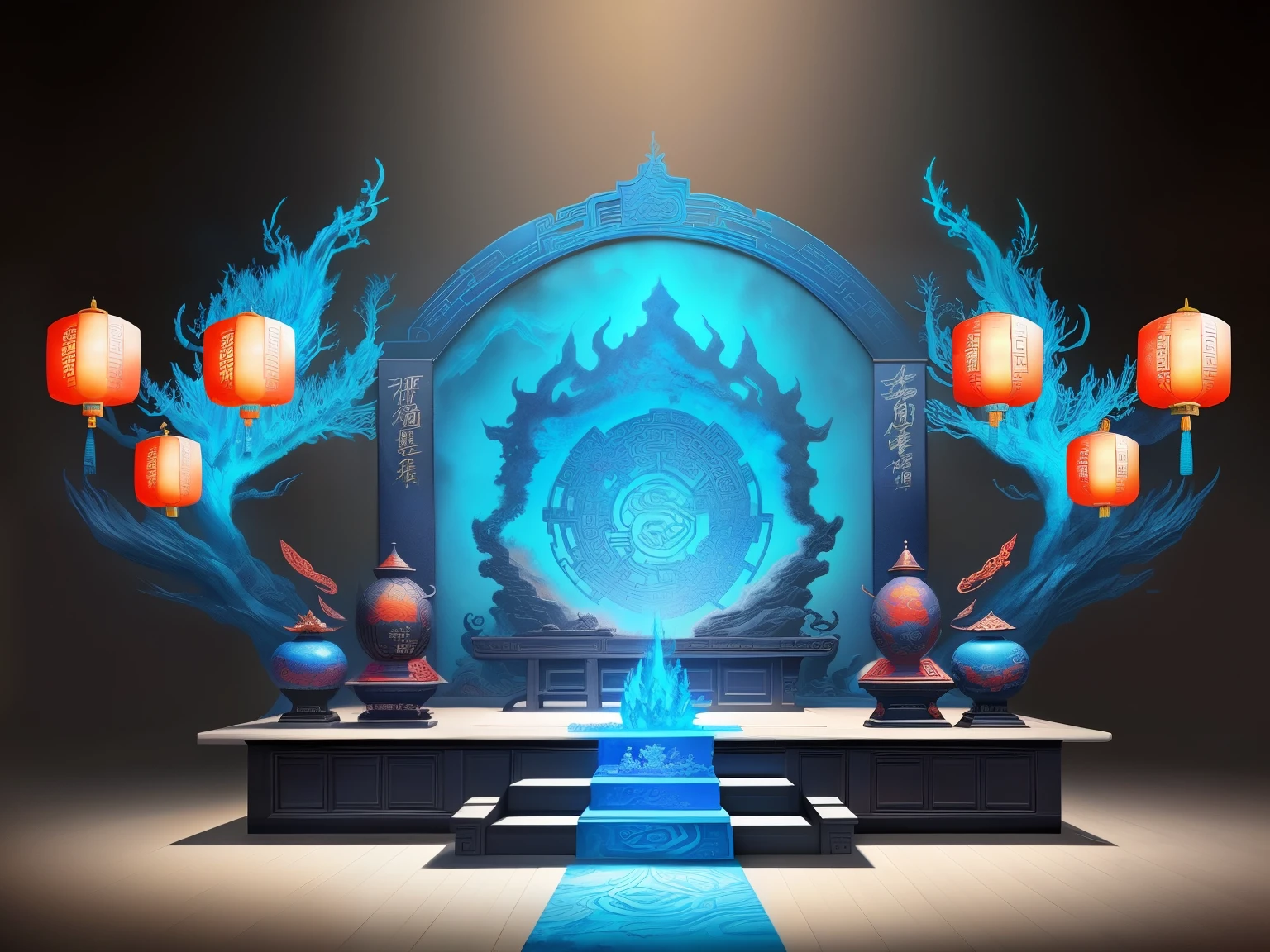 Ancient Chinese mythology and art,Large Xianxia Shura Field,Altar,blue ice and fire,Concept art illustration,Ink painting color blooming,Light painting rendering,Xianxia large-scale game CG scene