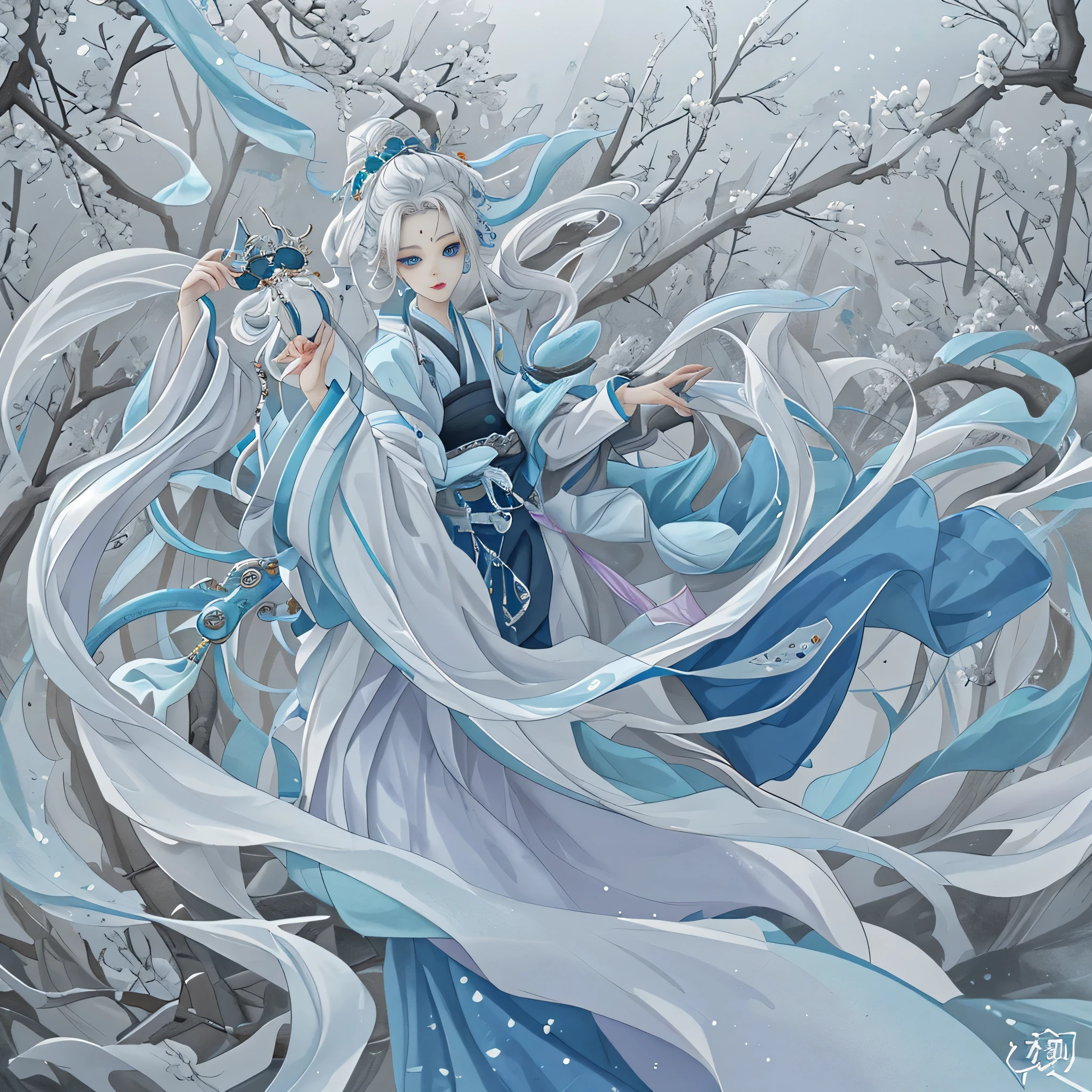 original，（Enlightenment：1.1），（best quality），（masterpiece：1.1），（Extremely detailed CG Unity 8K wallpaper），（a color：1.2），1 primary school student in blue clothes，white hair，Ancient costume，Hanfu，best quality，extremely detailed jewelry，kapok petals，landscape，Rios|purely，a girl