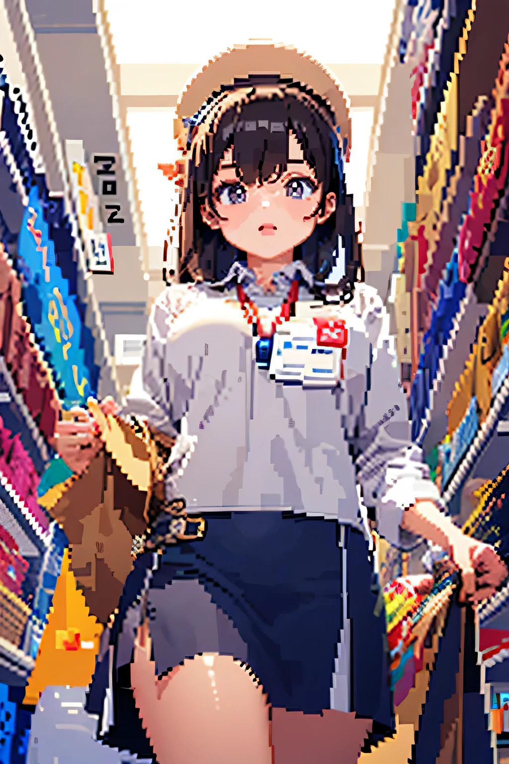 (((pixel art, using only 256 colors))), drooping eyes, angle from below, clerk uniform, name plate, ID card, at a department store, customers,