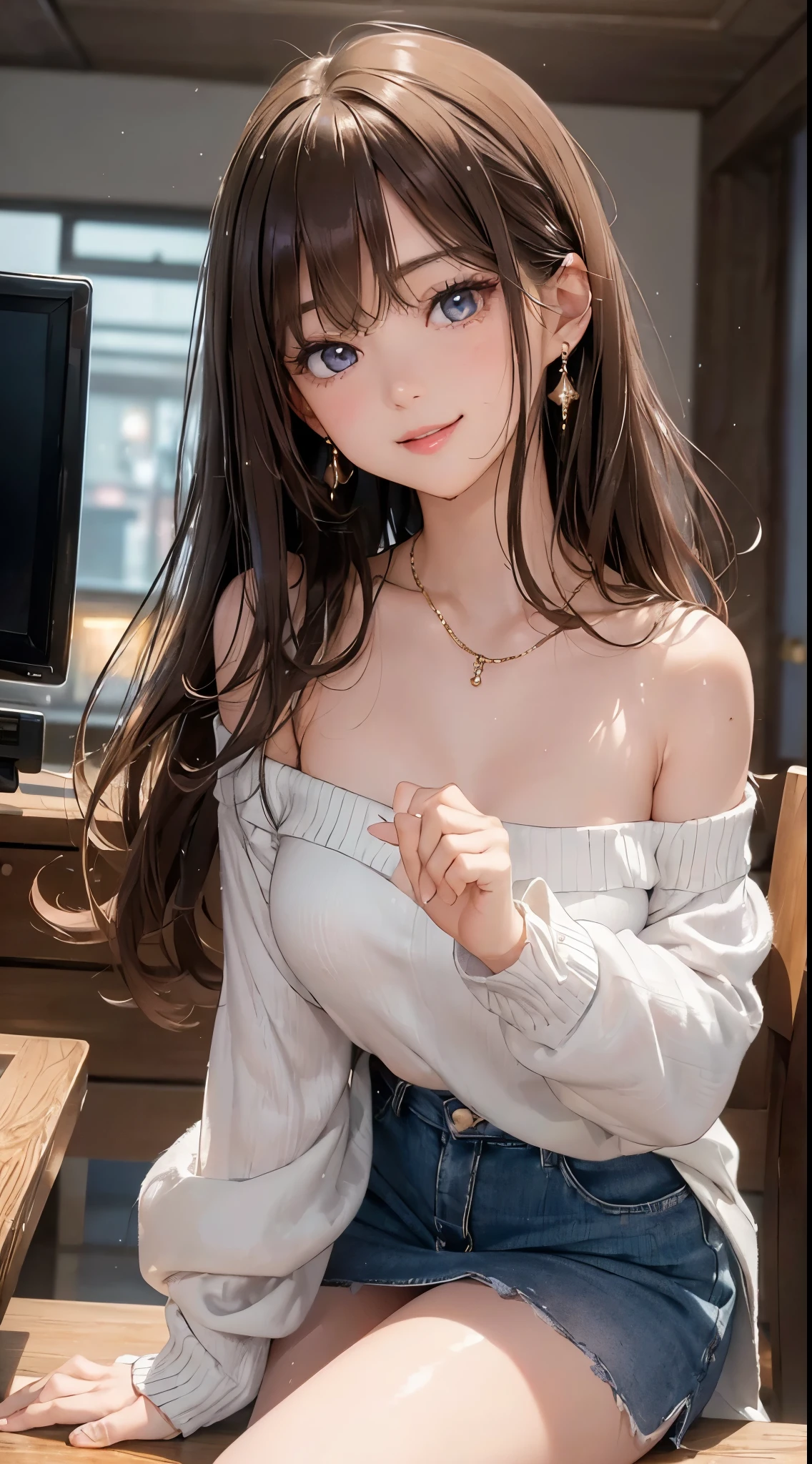 (on the table: 1.3), (maximum resolution: 1.2), (ultra high definition tv: 1.2), movie lighting, ultra high definition tv, (delicate eyes and skin), (detailed facial features), north african free trade area, 8k resolution, sharp focus: 1.2, perfect style, pretty face, Perfect body, precise, anatomically correct, Highly detailed facial and skin textures, delicate eyes, dark blue eyes, double eyelids, Thin eyebrows, glitter eyeliner: 1.2, natural cheeks, shiny skin, White skin: 1.2, sparkly necklace and earrings, (glossy lips: 1.4), rest, one person's point of view, (She is a very cute female teacher), (sexy pink lace), (smile: 1.2), ((innocent and cute girl:1.3)), (long wavy hair), (light brown hair:1.2), , rest, ((Very close relationship: 1.2)), medium, ((looking at the audience:1.2)), ((Library 1.2)), ((Bend your knees and:1.2)), (from the side:1.2),low angle shot,off shoulder sweater skinny denim mini skirt Embarrassed look Kamimei